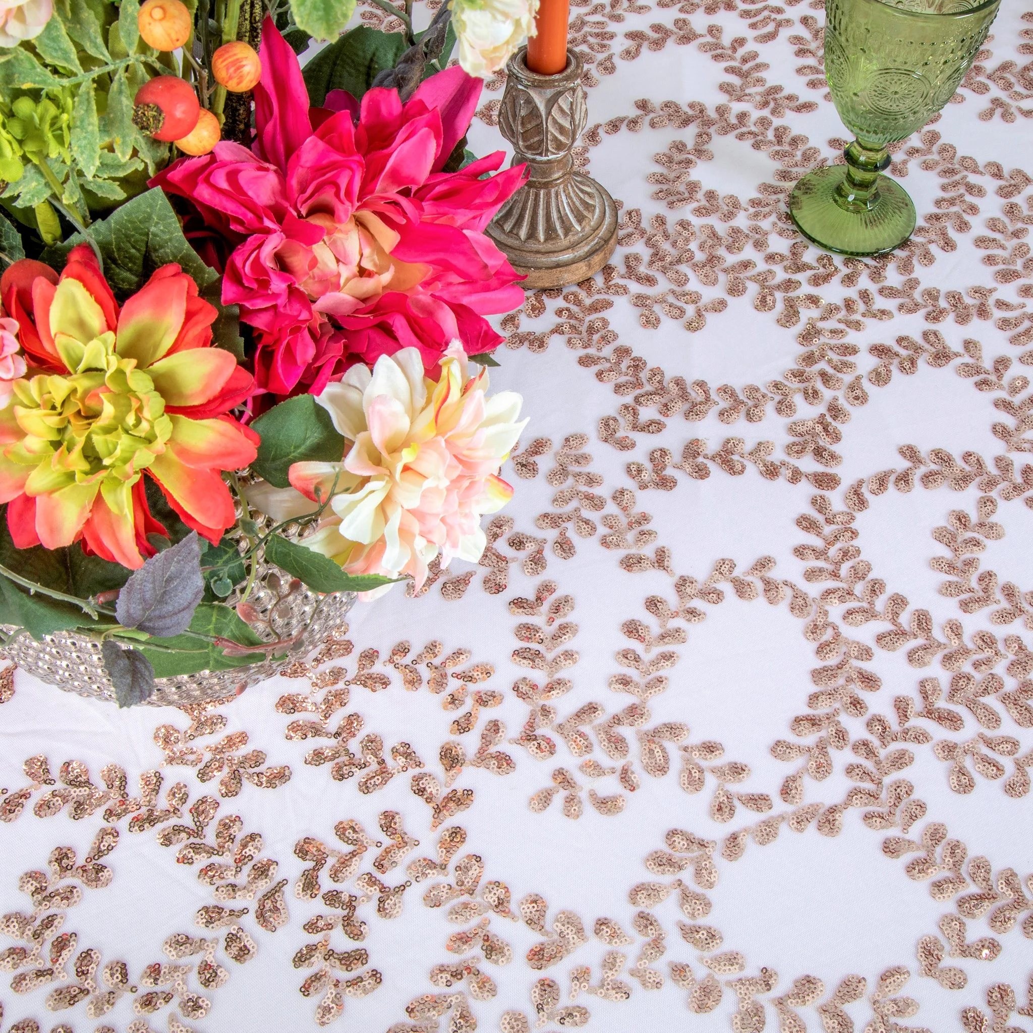 Sequin Vine Tablecloth Overlay 90"x132" Rectangle  - Blush/Rose Gold - Image 3
