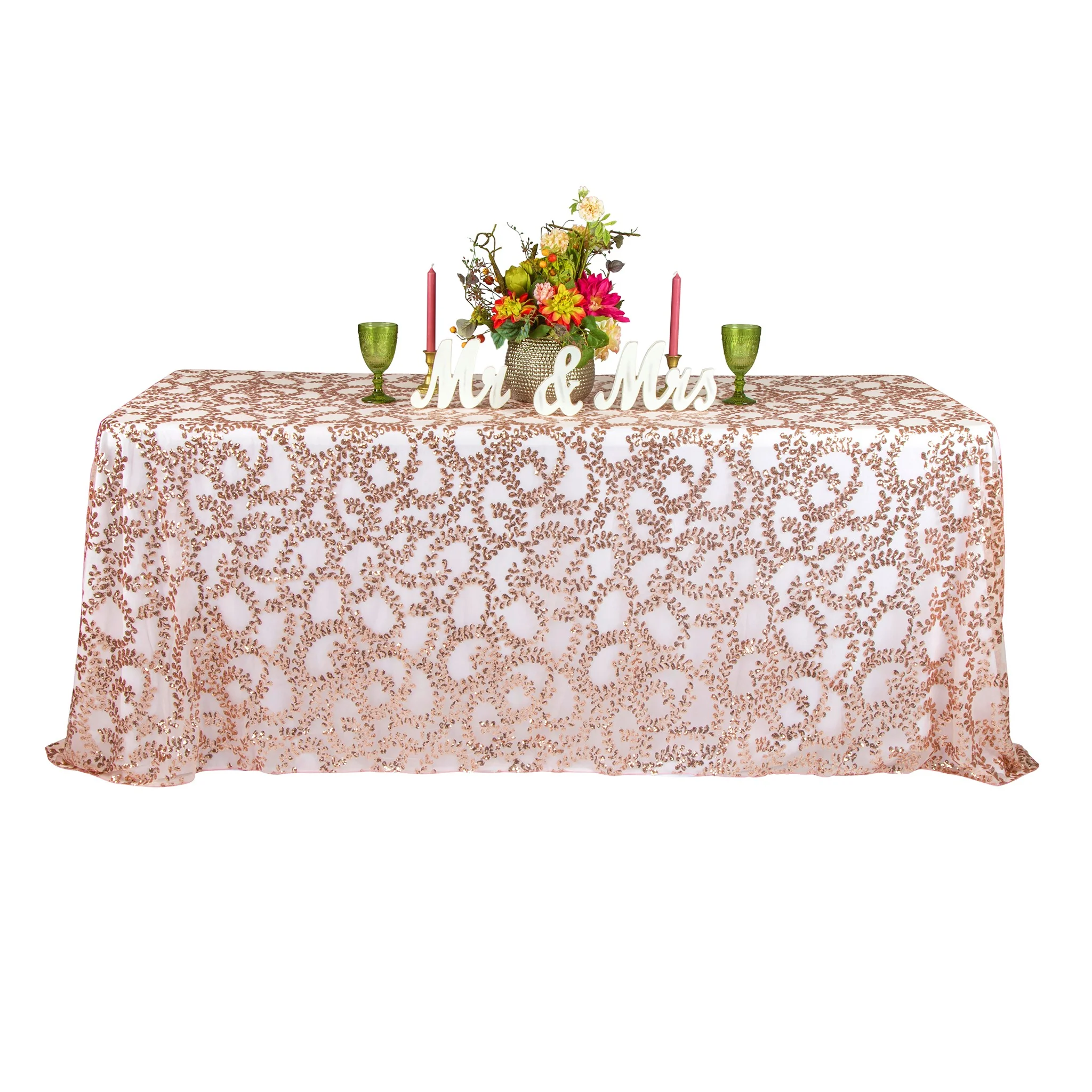 Sequin Vine Tablecloth Overlay 90"x132" Rectangle  - Blush/Rose Gold - Image 5