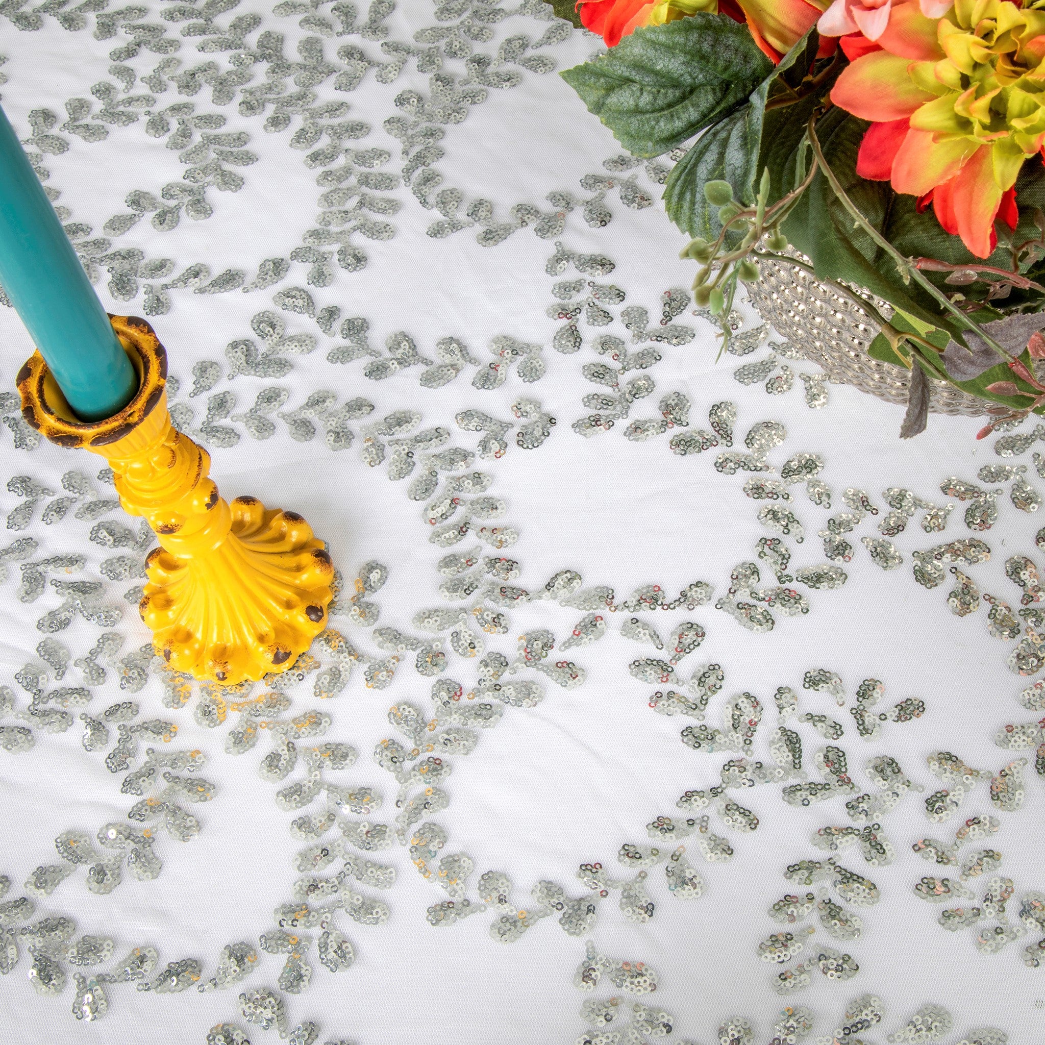 Sequin Vine Tablecloth Overlay 90"x132" Rectangle - Silver - Image 3