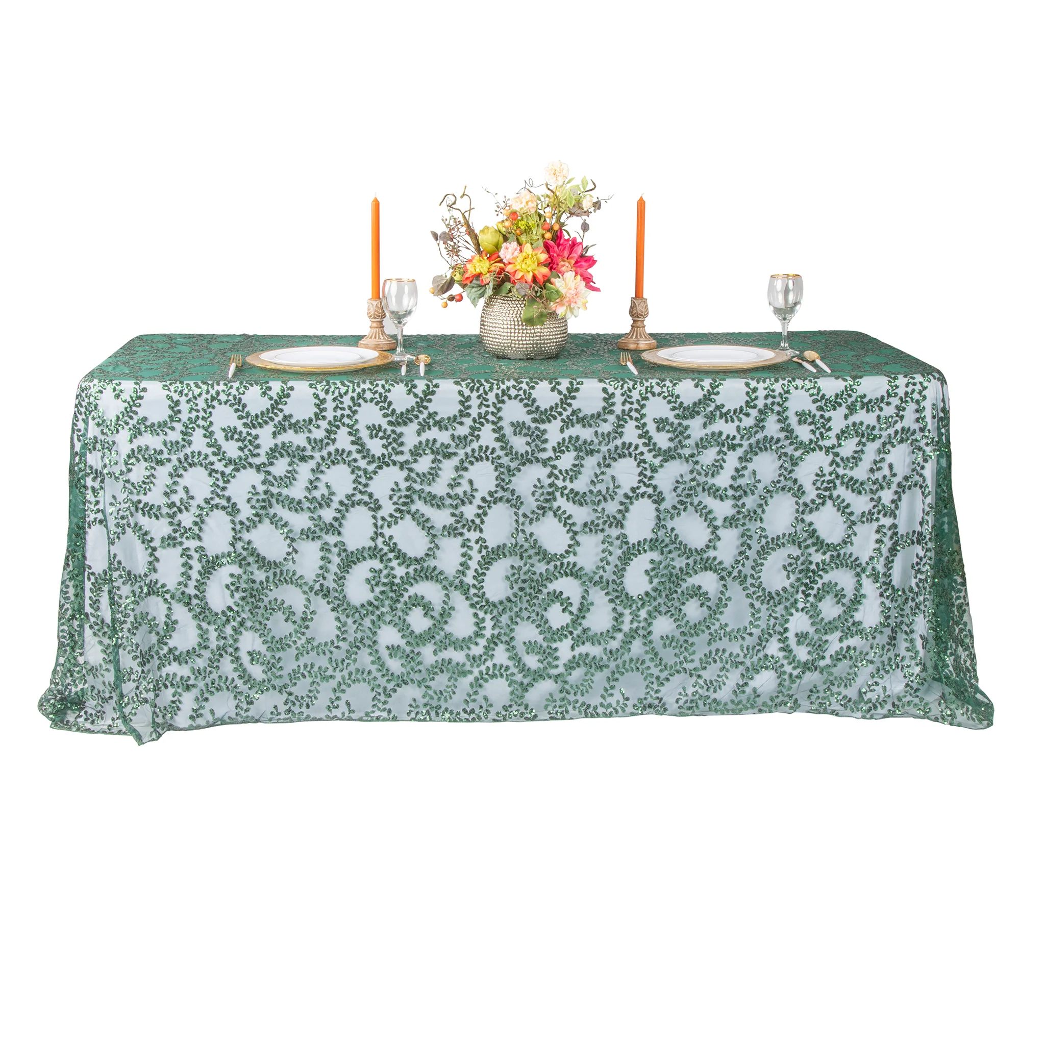 Sequin Vine Tablecloth Overlay 90"x156" Rectangle - Emerald Green - Image 4