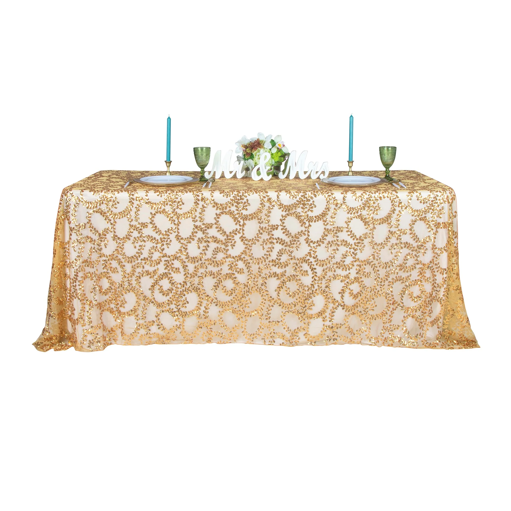 Sequin Vine Tablecloth Overlay 90"x156" Rectangle - Gold - Image 4