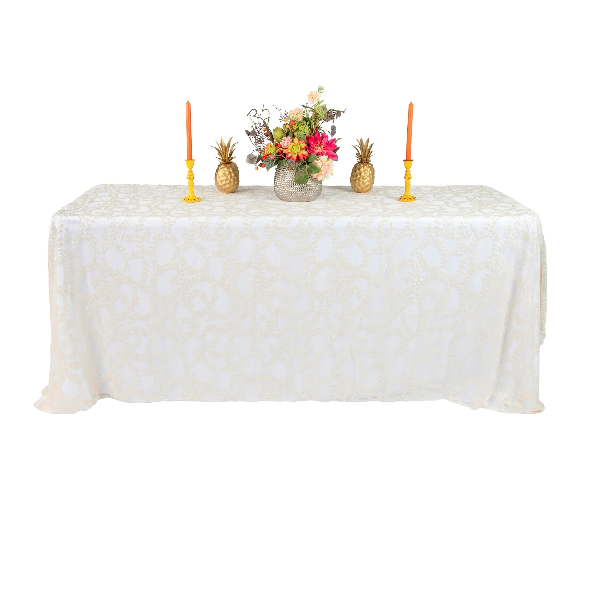 Sequin Vine Tablecloth Overlay 90"x156" Rectangle  - Light Ivory/Off White - Image 5