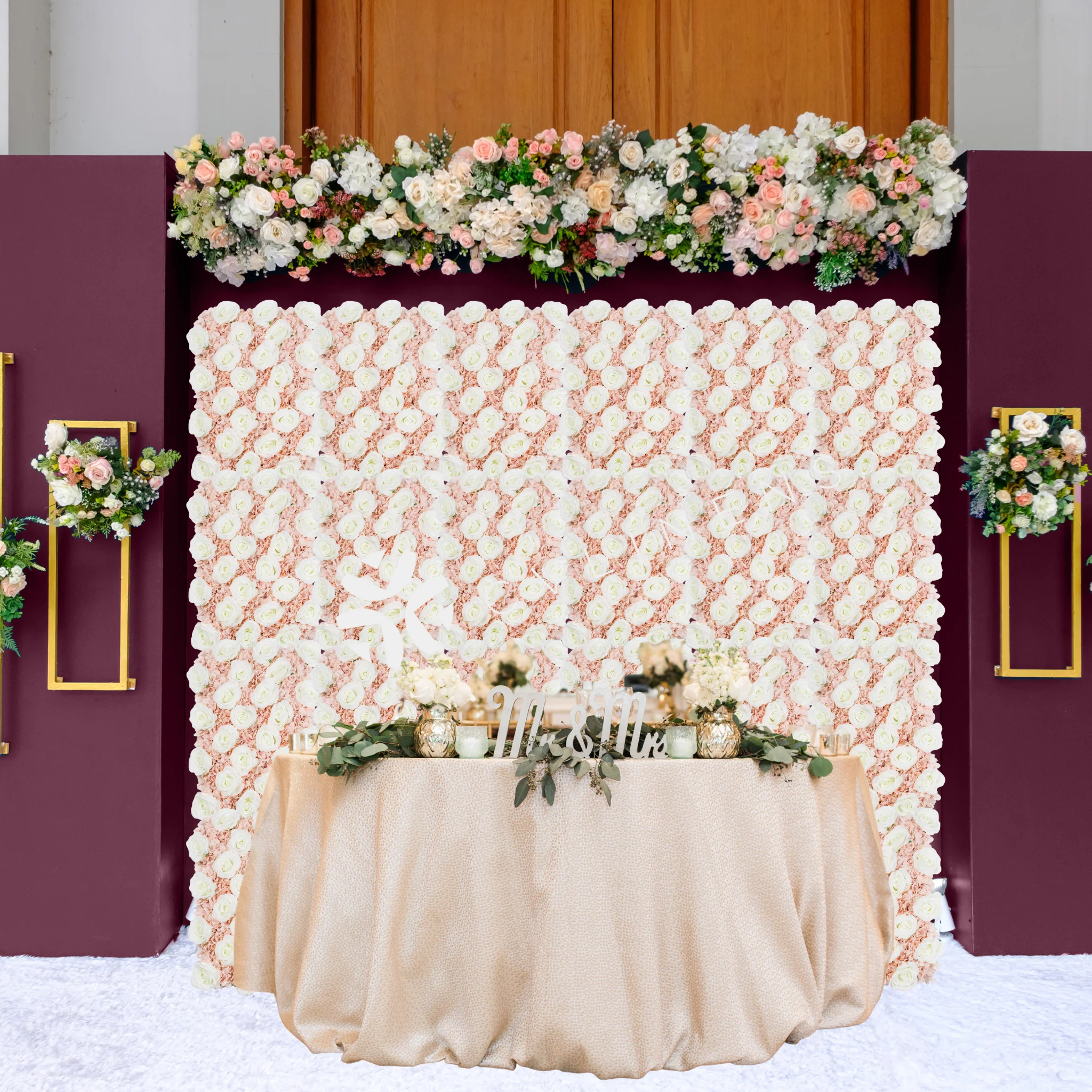 Silk Roses/Hydrangeas Flower Wall Backdrop Panel - Fuchsia & Light Pink - Image 6