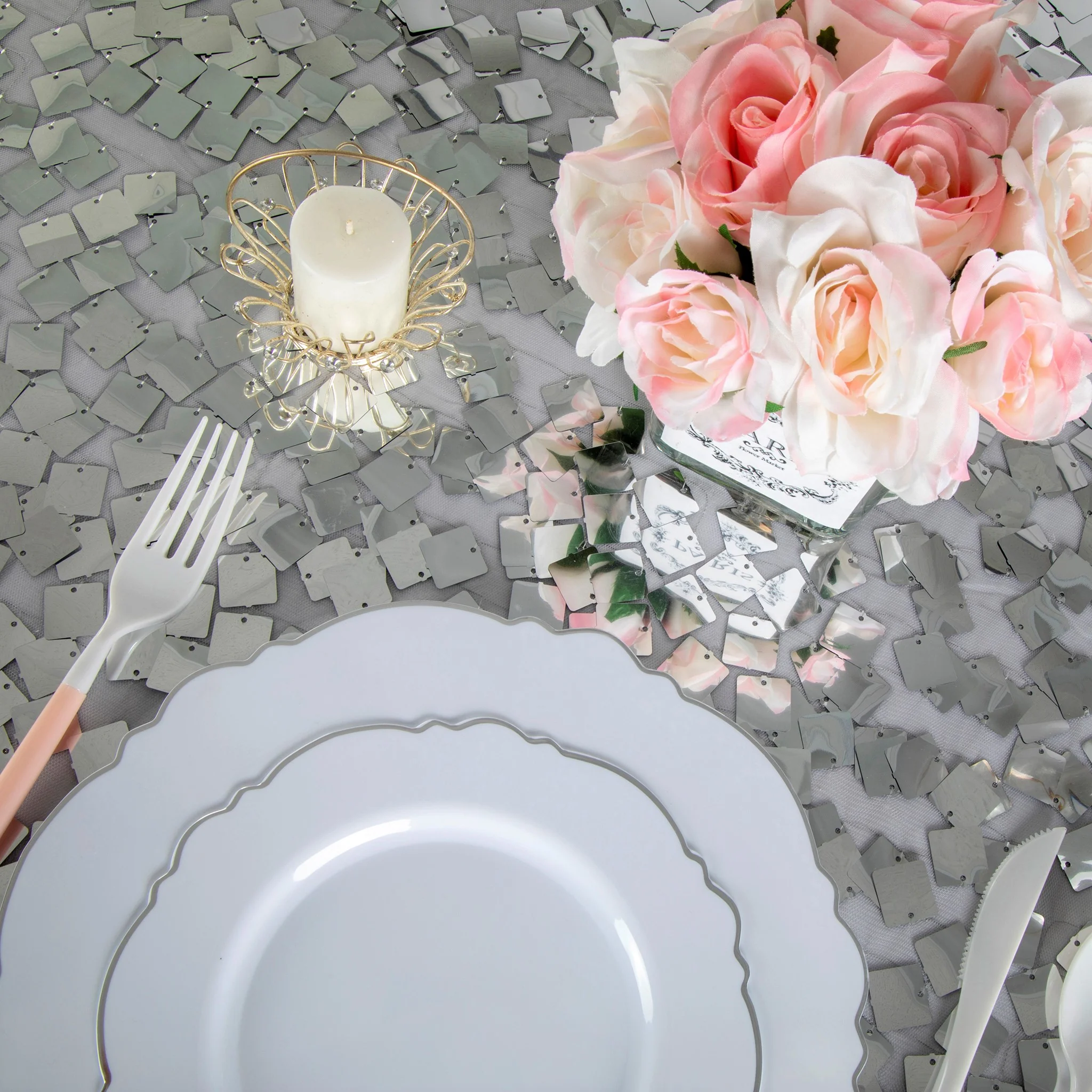 Square Payette Sequin Round 120" Tablecloth - Silver - Image 2