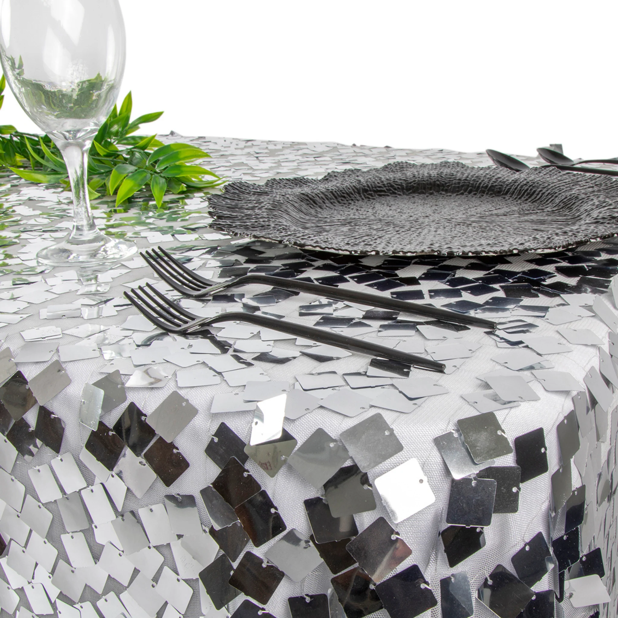 Square Payette Sequin Tablecloth 90"x156" Rectangular - Silver - Image 3
