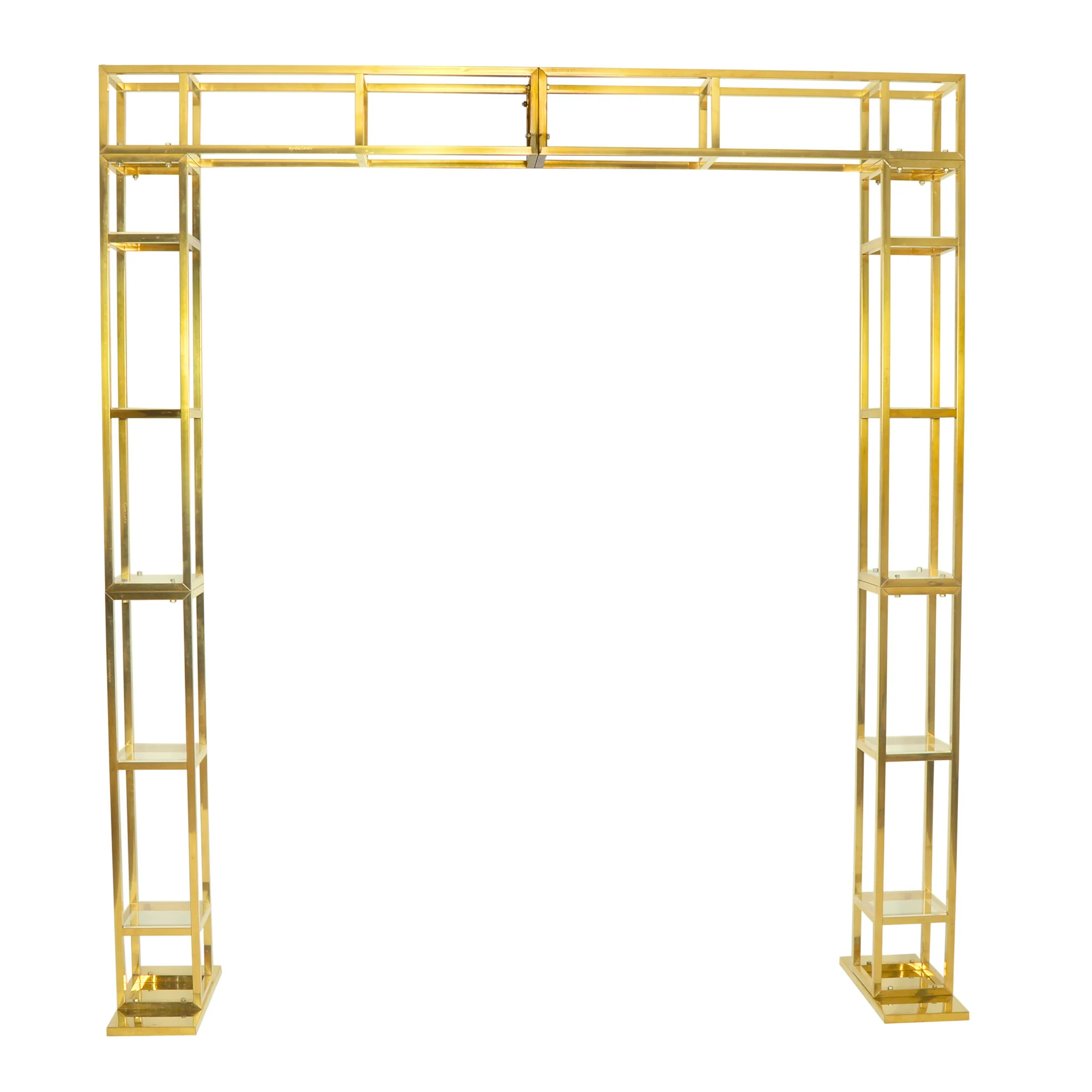 Square Pillar Wedding Arch Backdrop Stand with Shelves - Gold