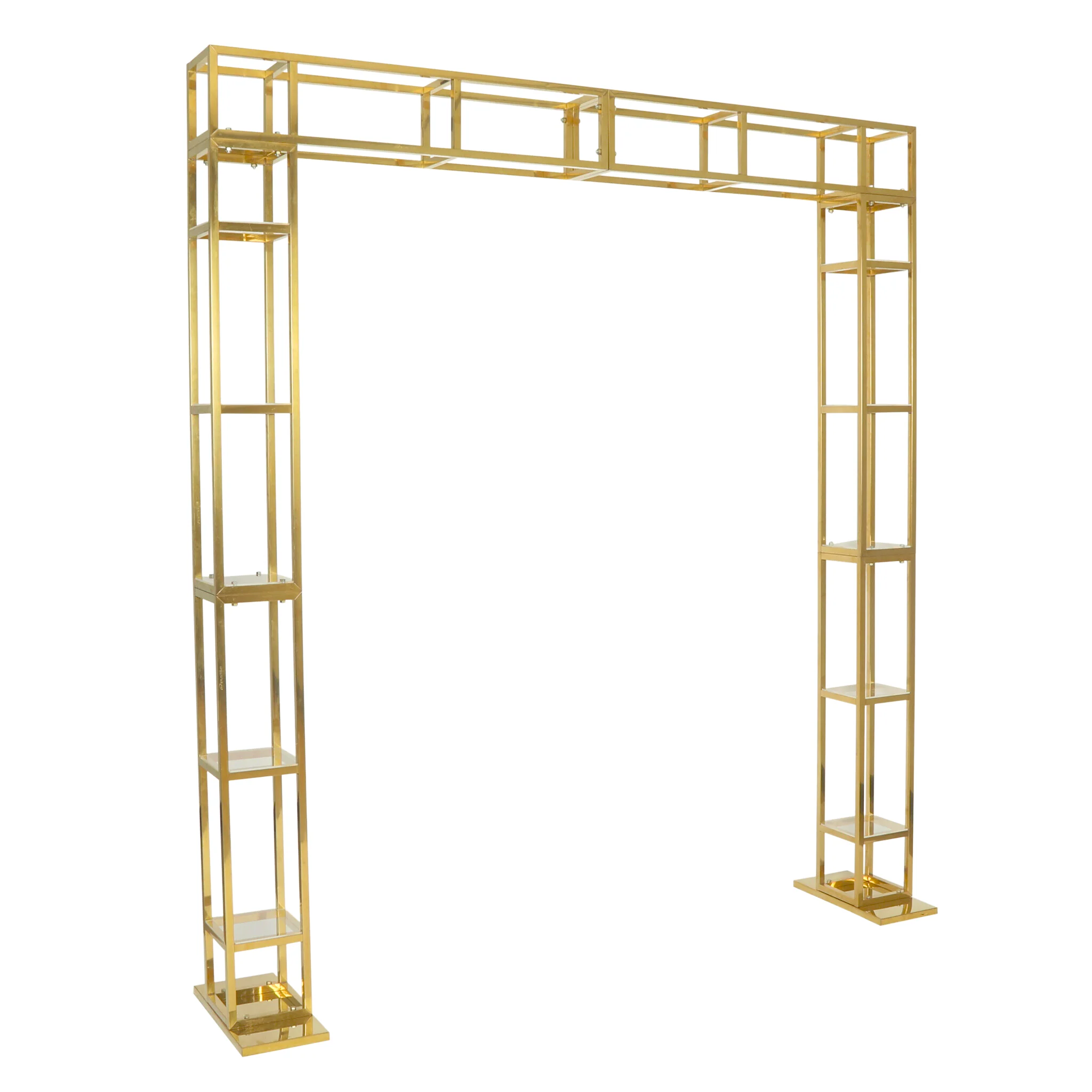 Square Pillar Wedding Arch Backdrop Stand with Shelves - Gold - Image 6