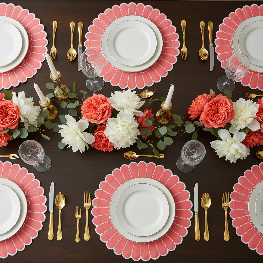 4pc/set Sunburst Edge Placemats - Coral/White Trim - Image 3