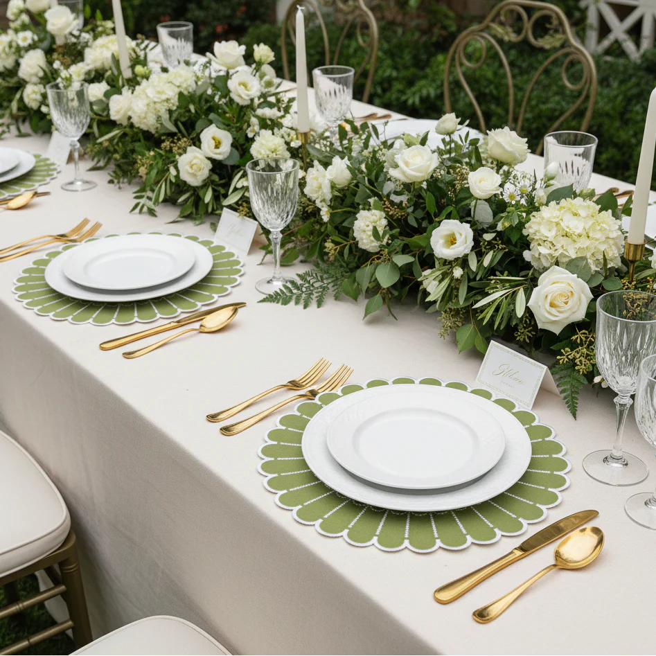 4pc/set Sunburst Edge Placemats - Olive Green/White Trim - Image 3