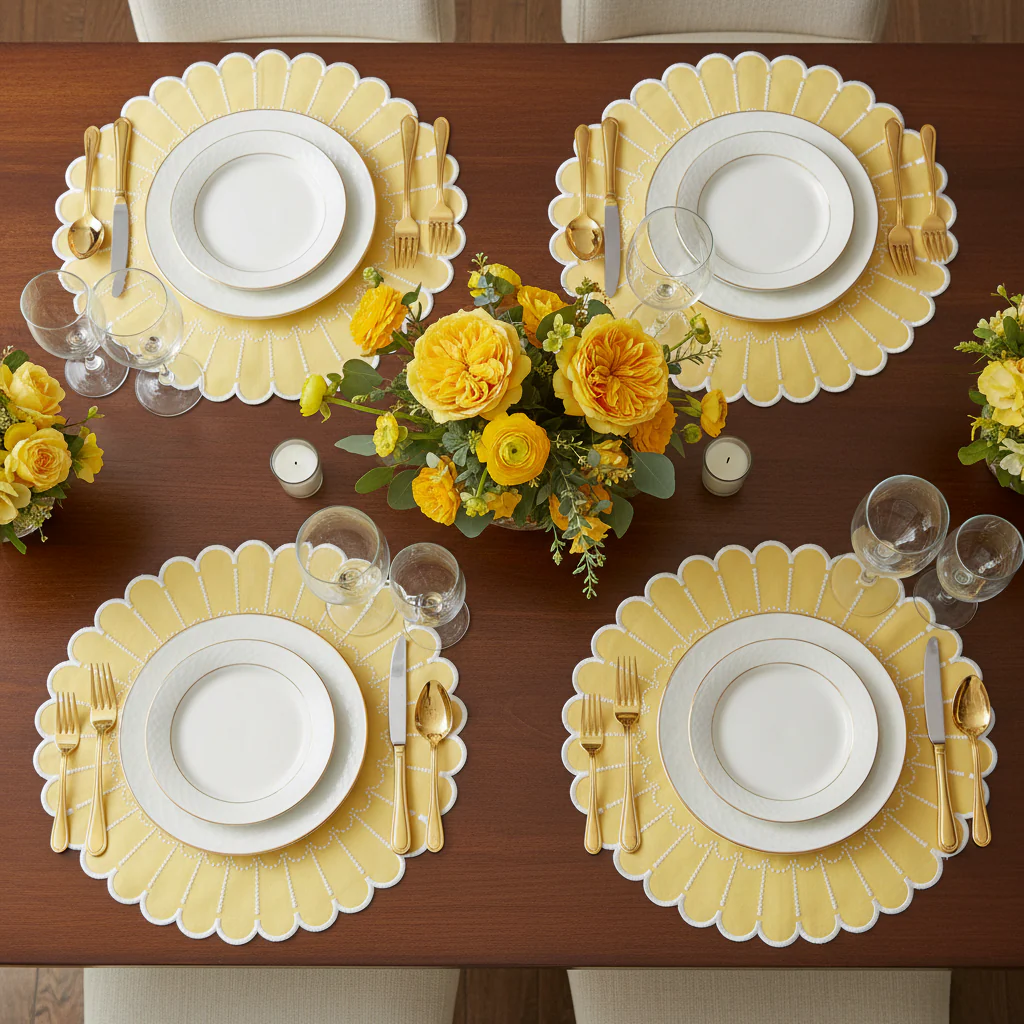 4pc/set Sunburst Edge Placemats - Pastel Yellow/White Trim - Image 3