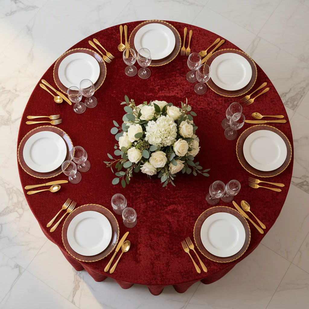 Velvet 120" Round Tablecloth - Apple Red - Image 5