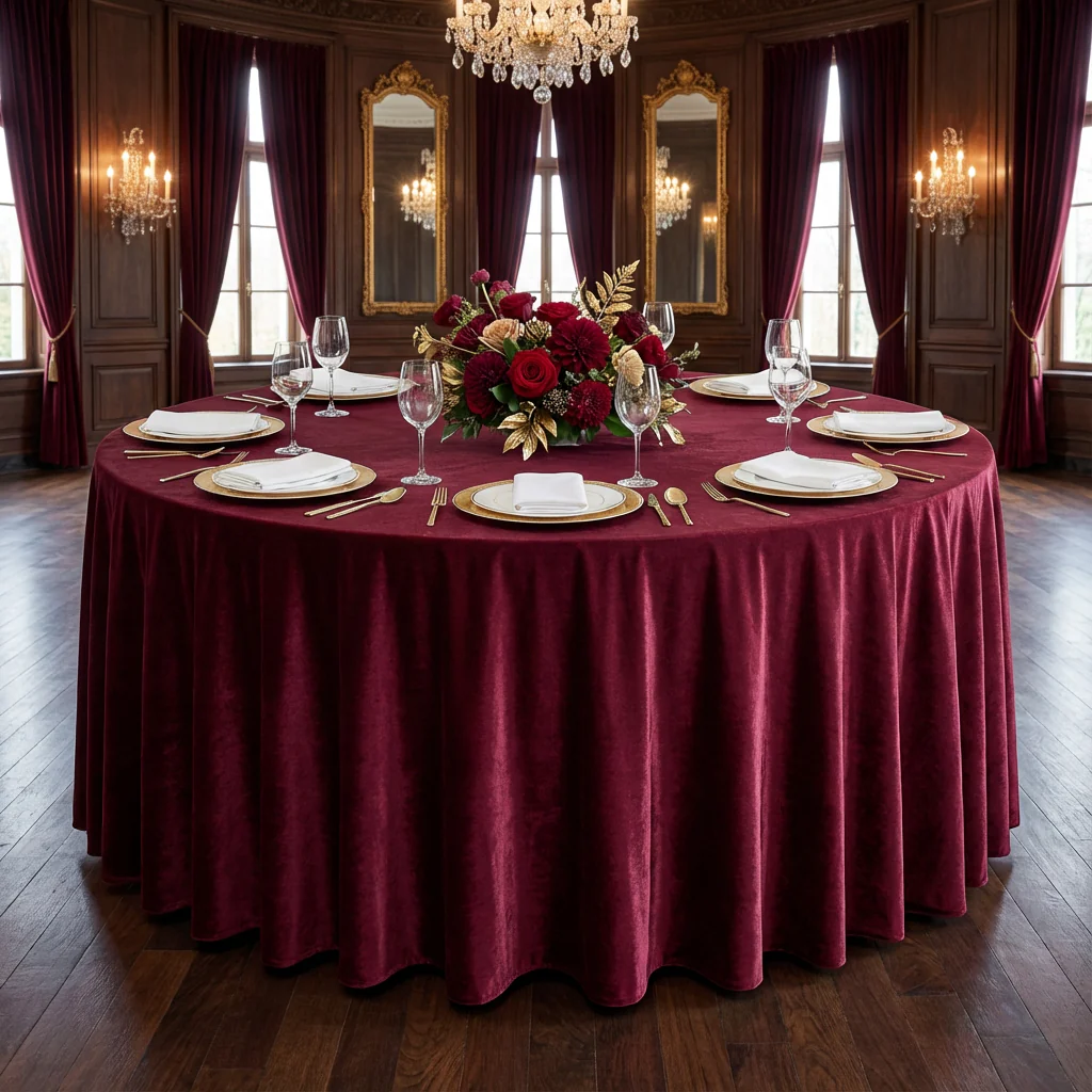 Velvet 120" Round Tablecloth - Burgundy - Image 2