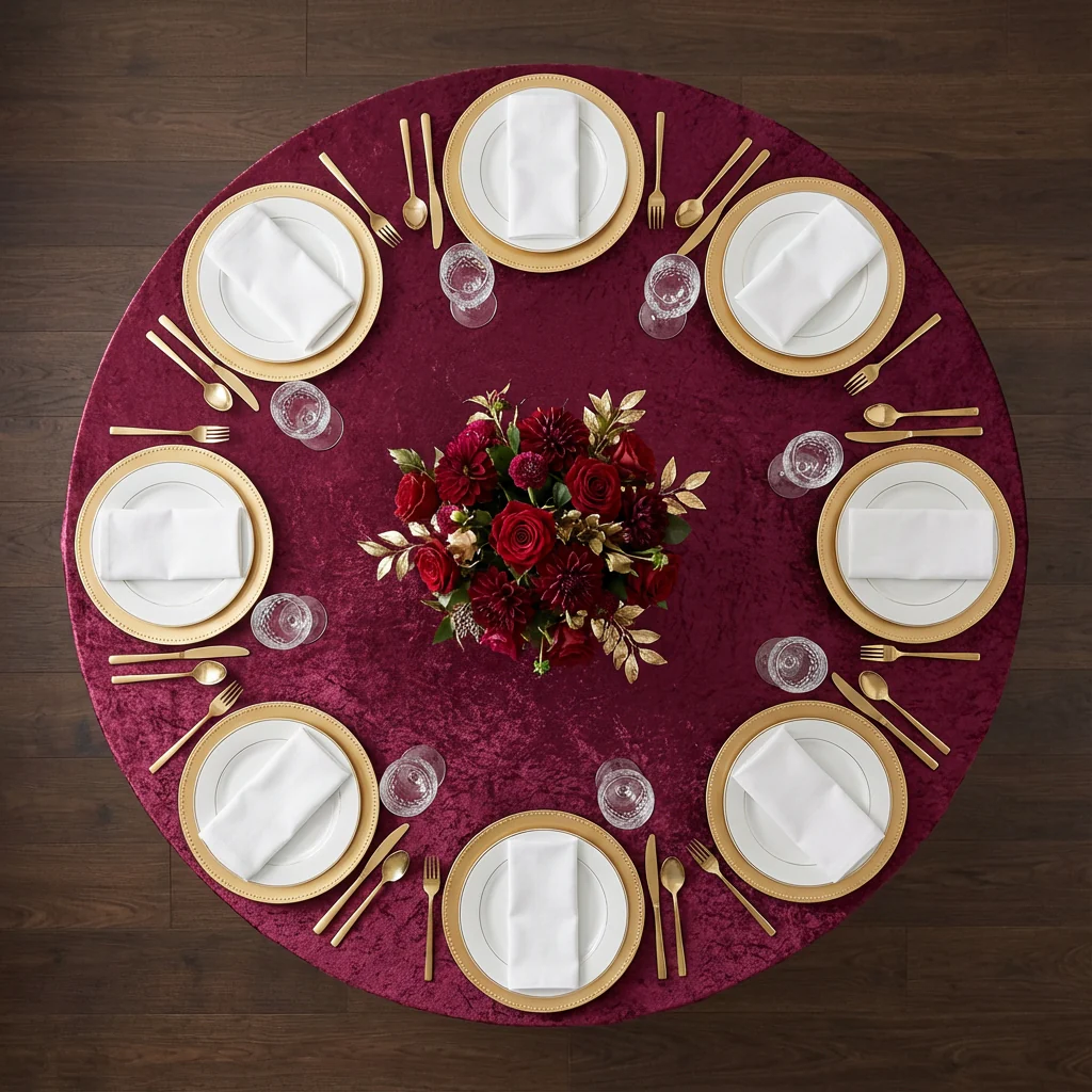 Velvet 120" Round Tablecloth - Burgundy - Image 3