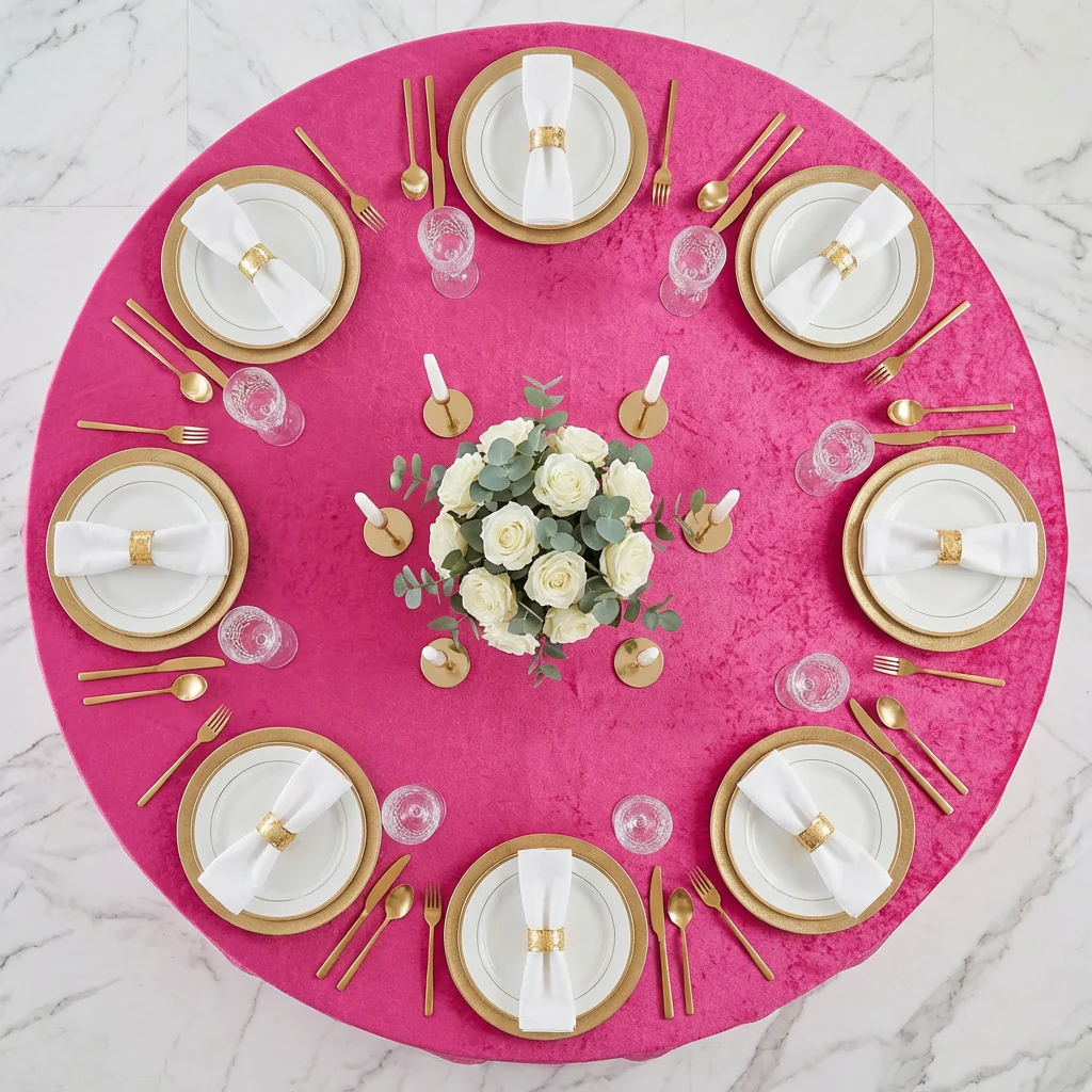 Velvet 120" Round Tablecloth - Fuchsia - Image 3