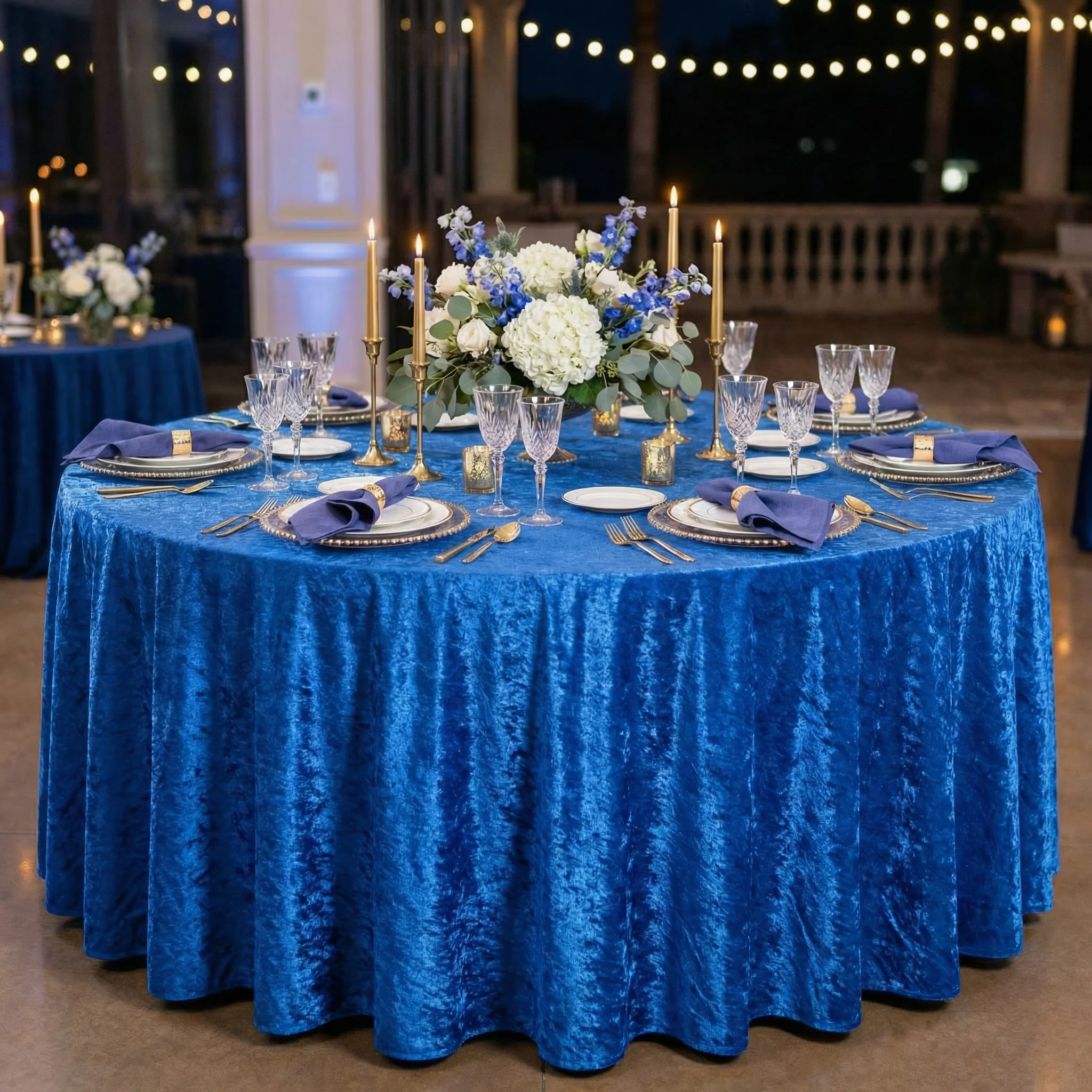 Velvet 120" Round Tablecloth - Royal Blue - Image 2