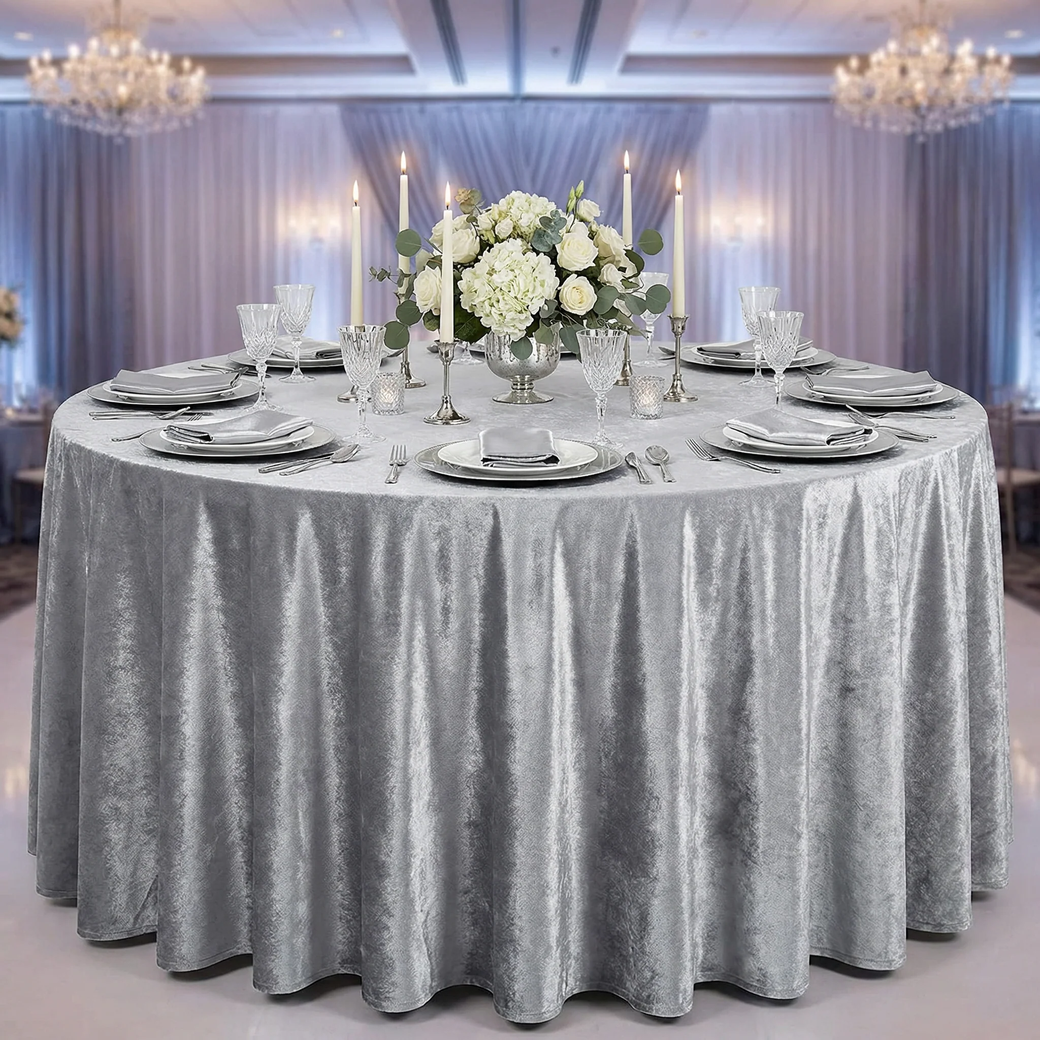 Velvet 120" Round Tablecloth - Silver - Image 2