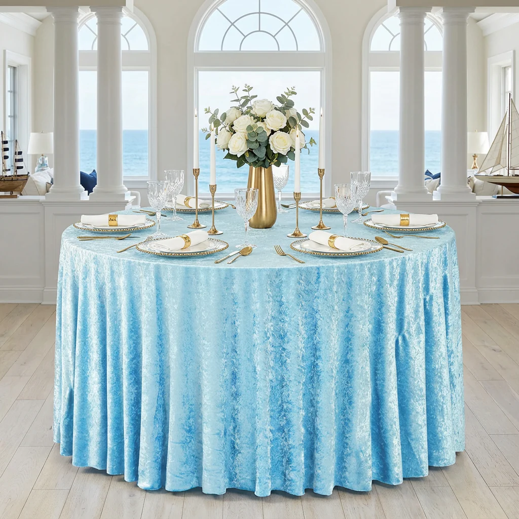 Velvet 120" Round Tablecloth - Baby Blue - Image 2