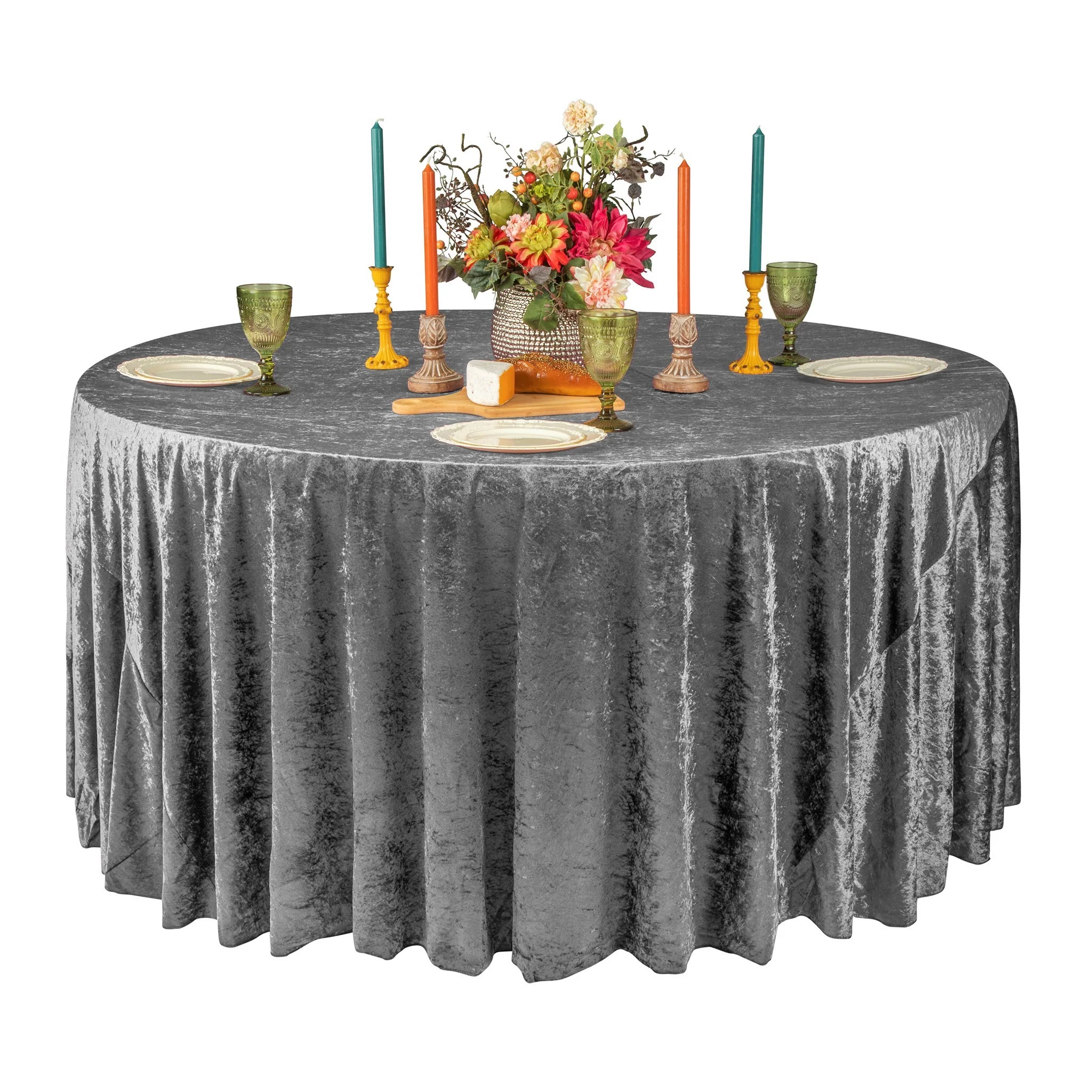 Velvet 132" Round Tablecloth - Charcoal - Image 4