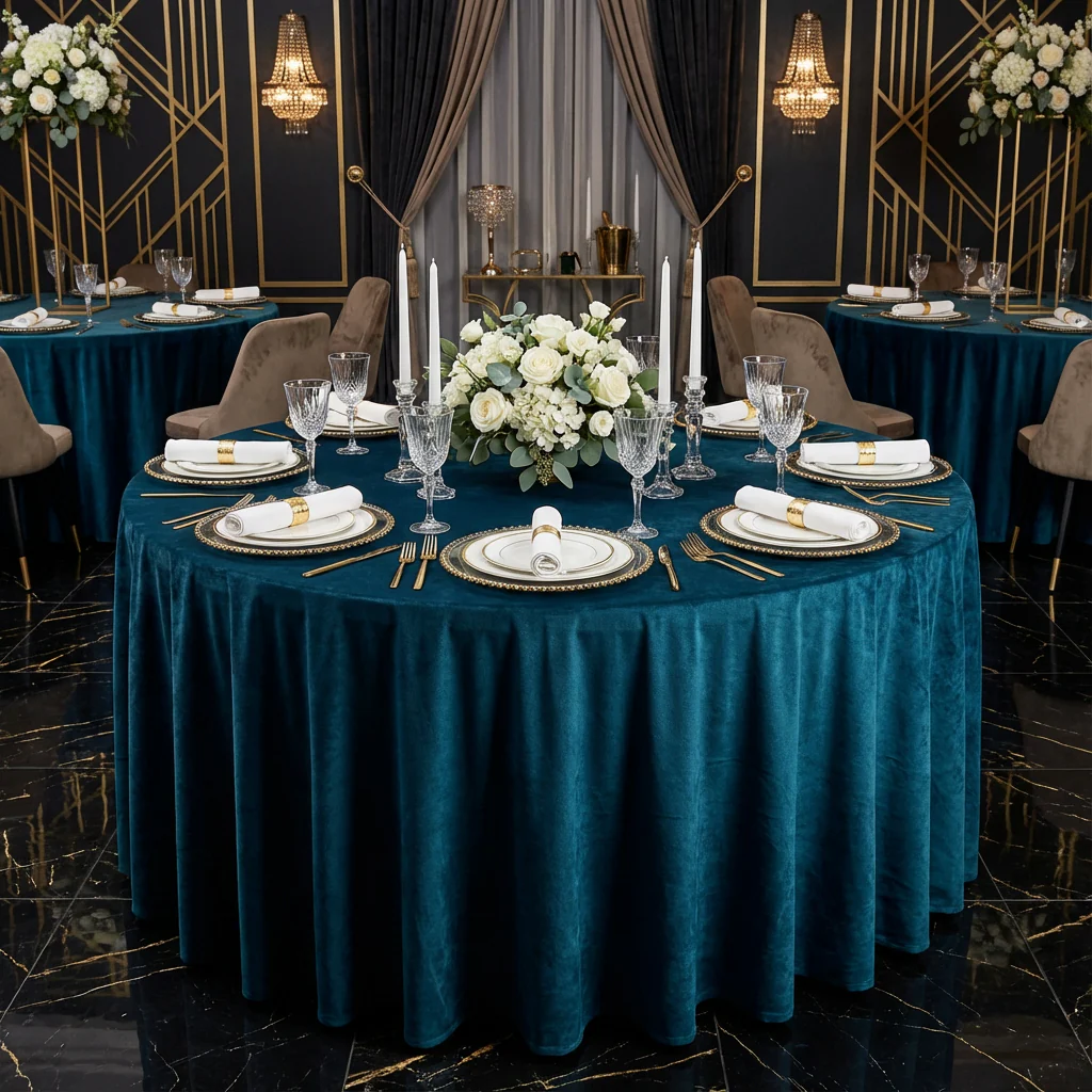 Velvet 132" Round Tablecloth - Dark Teal - Image 2