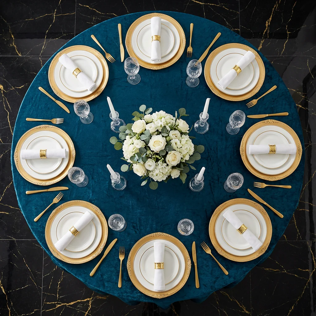 Velvet 132" Round Tablecloth - Dark Teal - Image 3