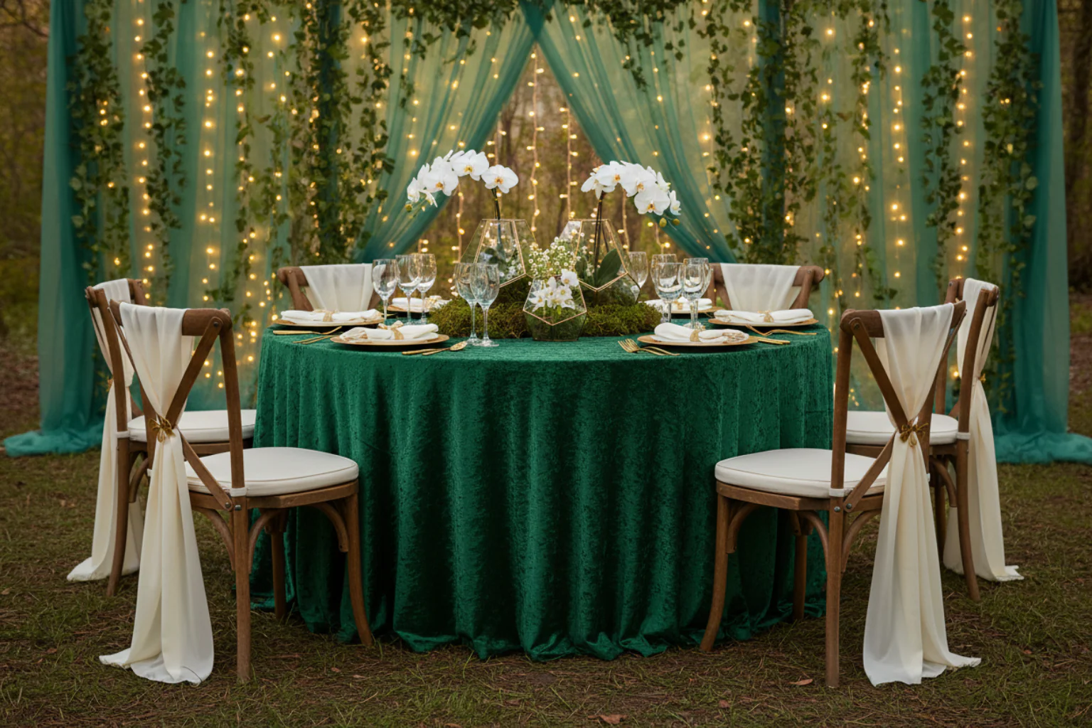 Velvet 132" Round Tablecloth - Forest Green - Image 5