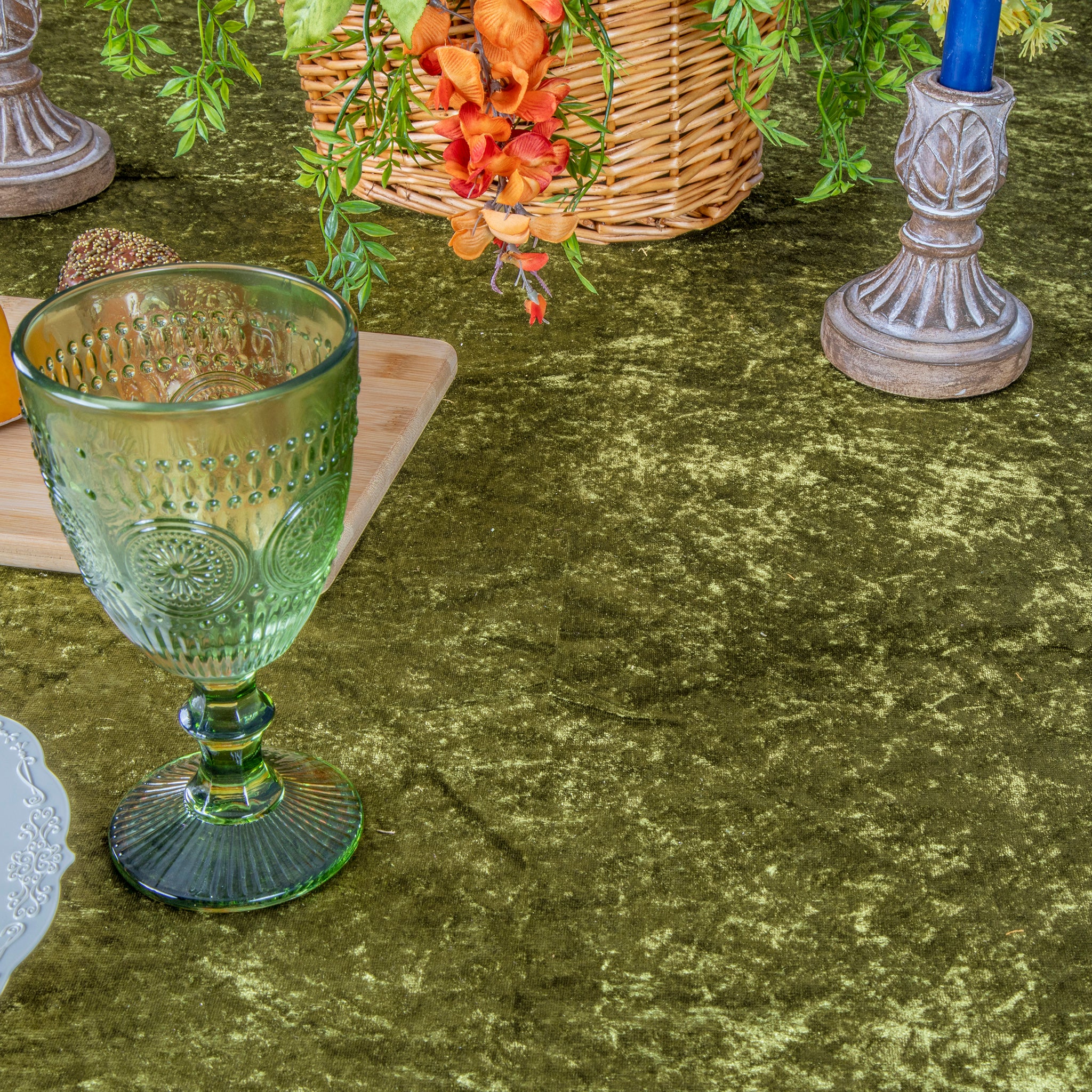 Velvet 132" Round Tablecloth - Olive Green - Image 5