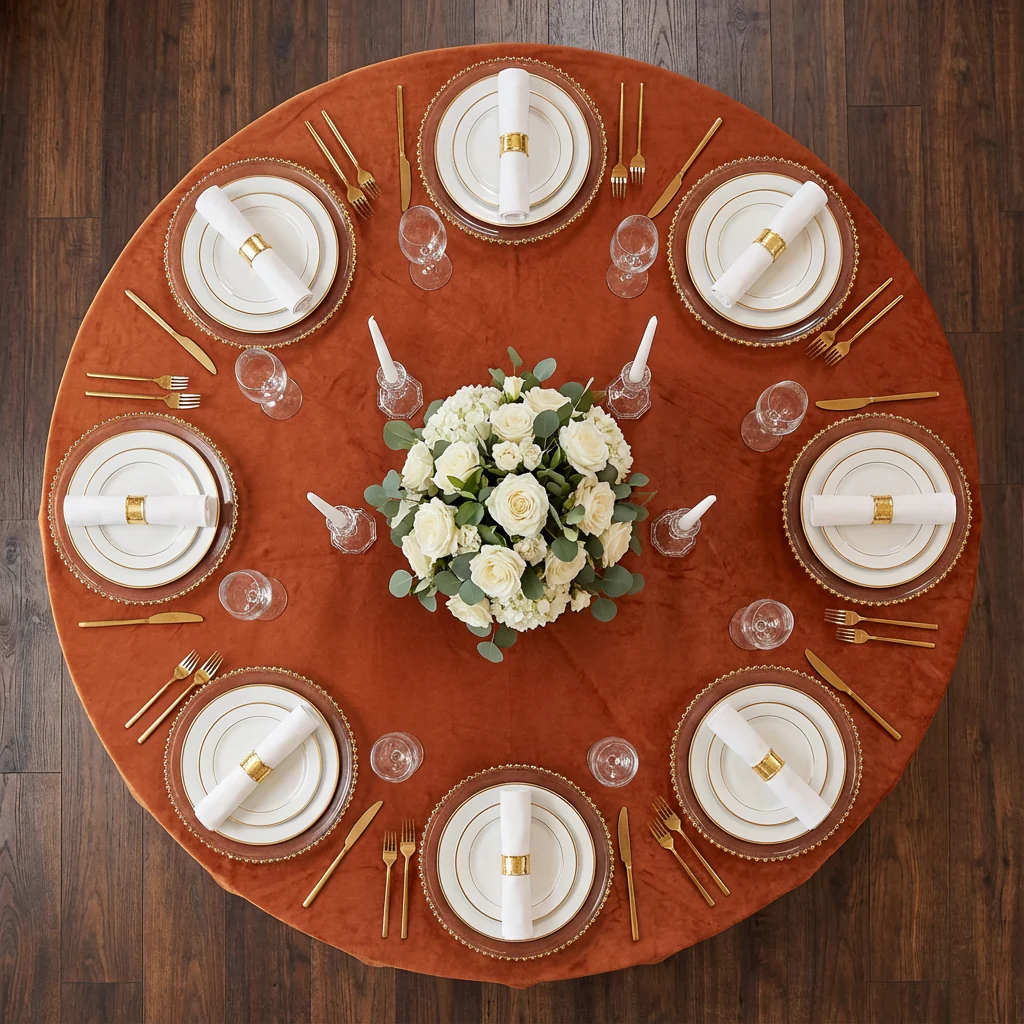 Velvet 132" Round Tablecloth - Rust - Image 3
