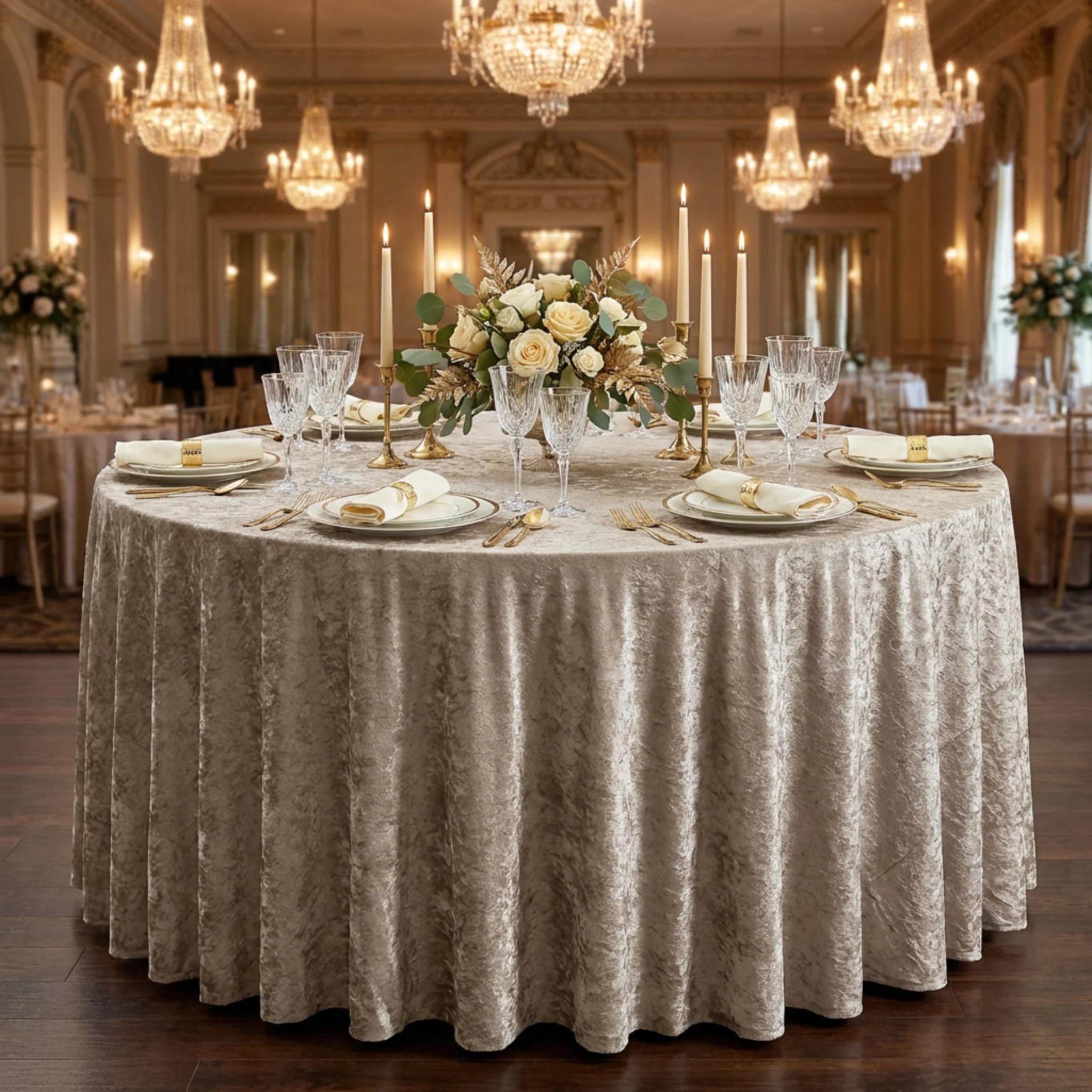 Velvet 132" Round Tablecloth - Taupe - Image 2