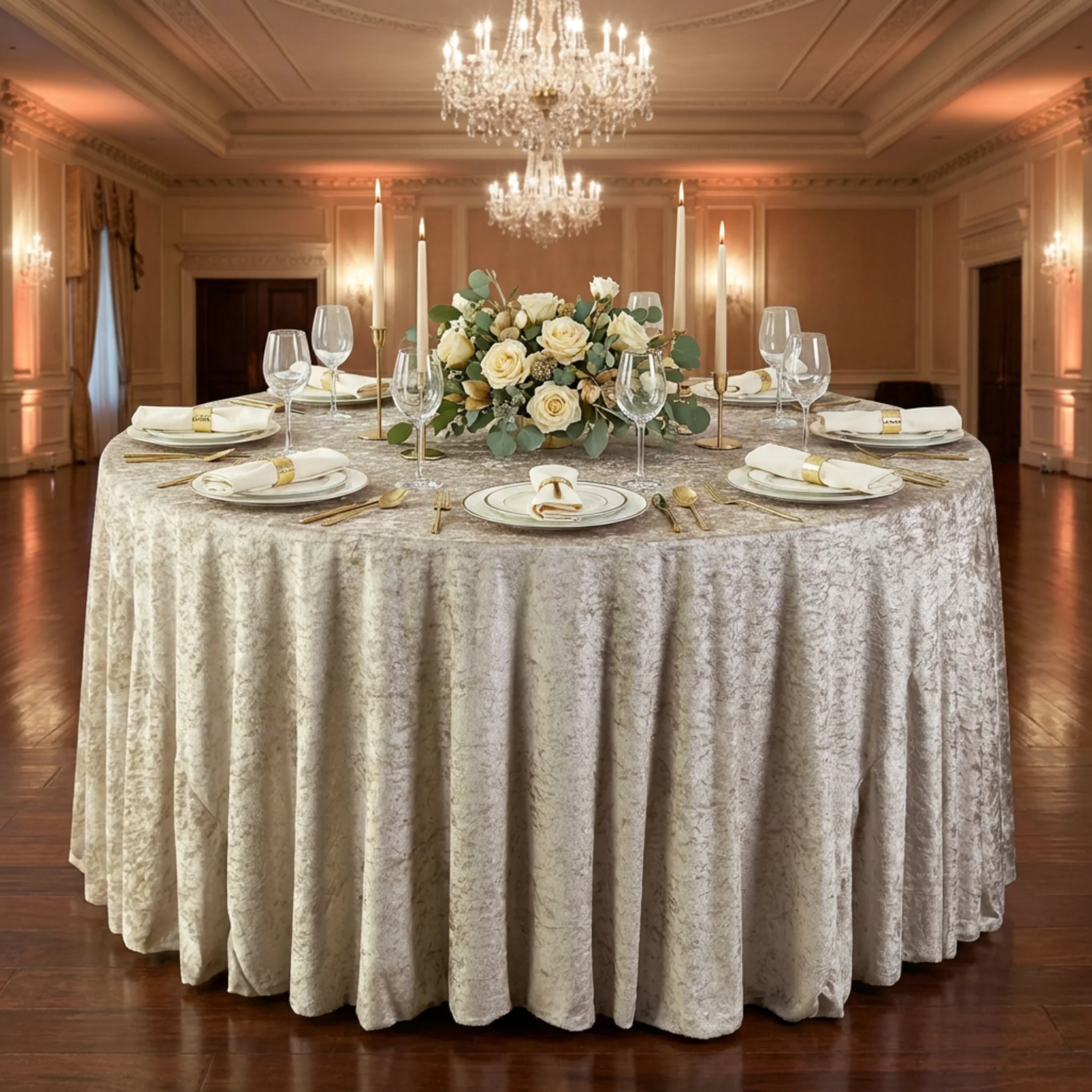 Velvet 132" Round Tablecloth - Taupe - Image 7