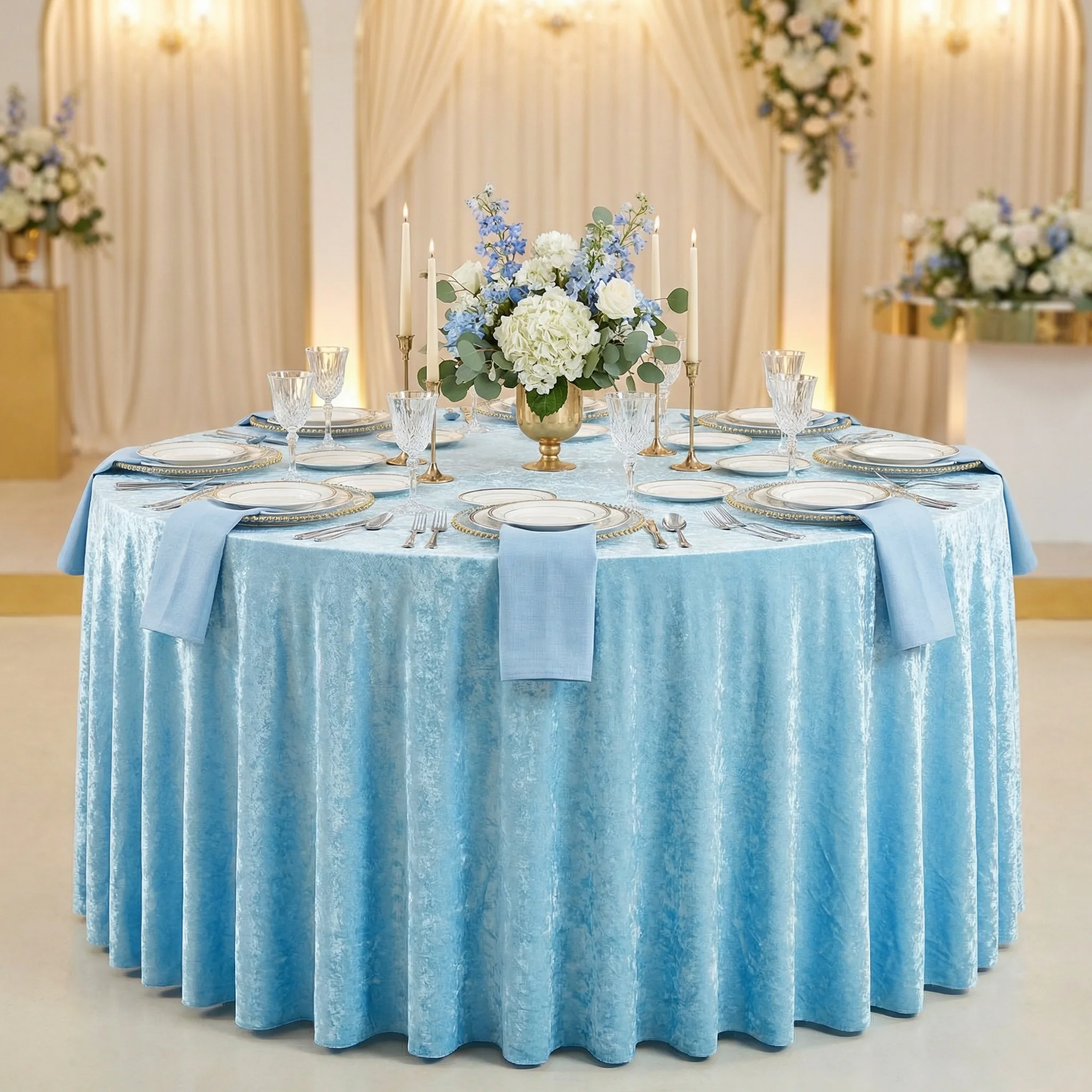 Velvet 132" Round Tablecloth - Baby Blue - Image 2