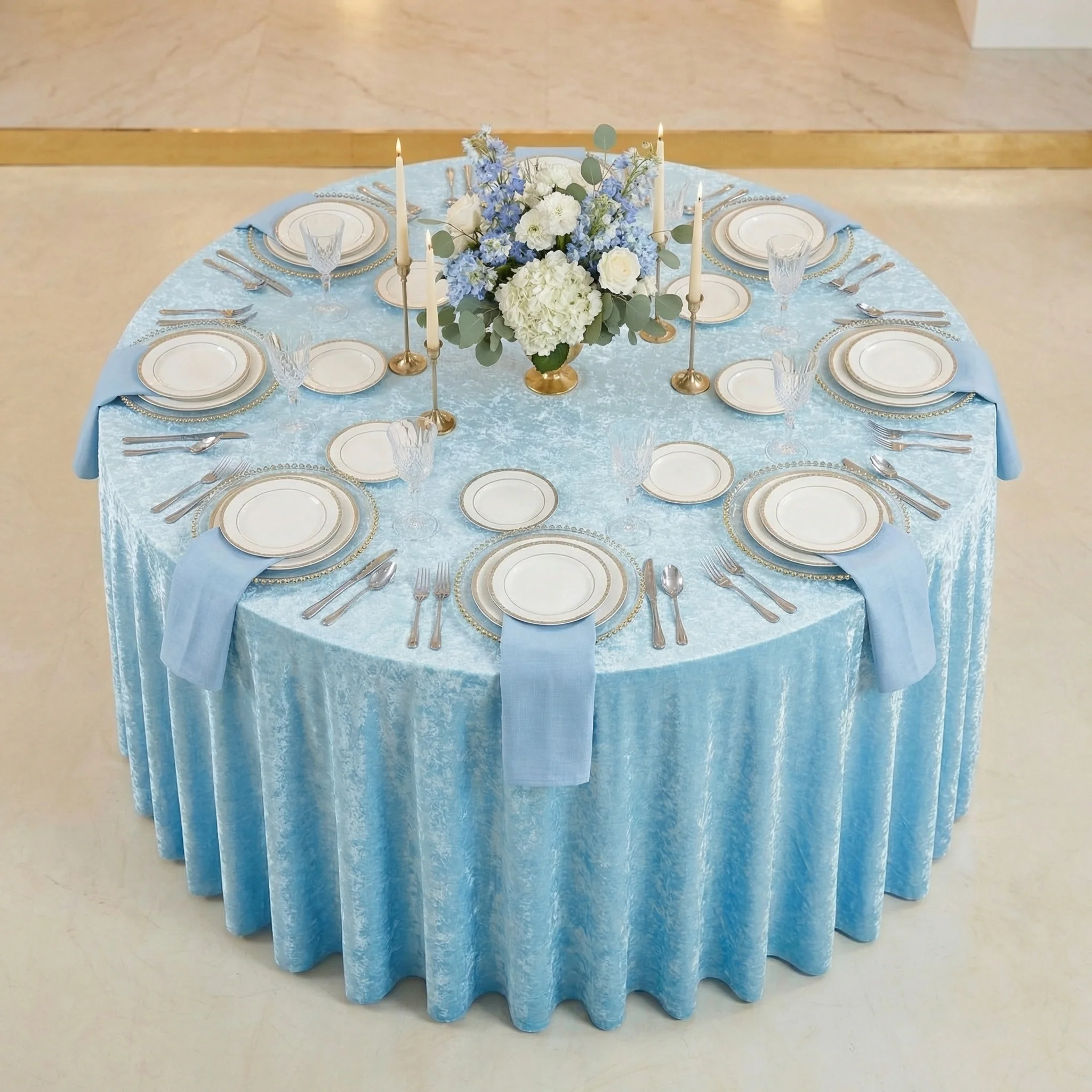 Velvet 132" Round Tablecloth - Baby Blue - Image 3