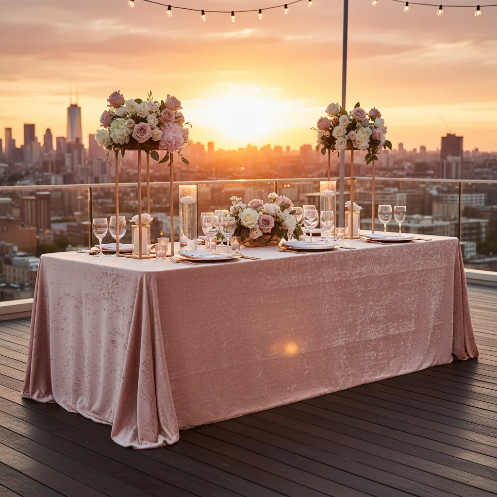 Velvet 90"x156" Rectangular Tablecloth - Blush/Rose Gold - Image 6