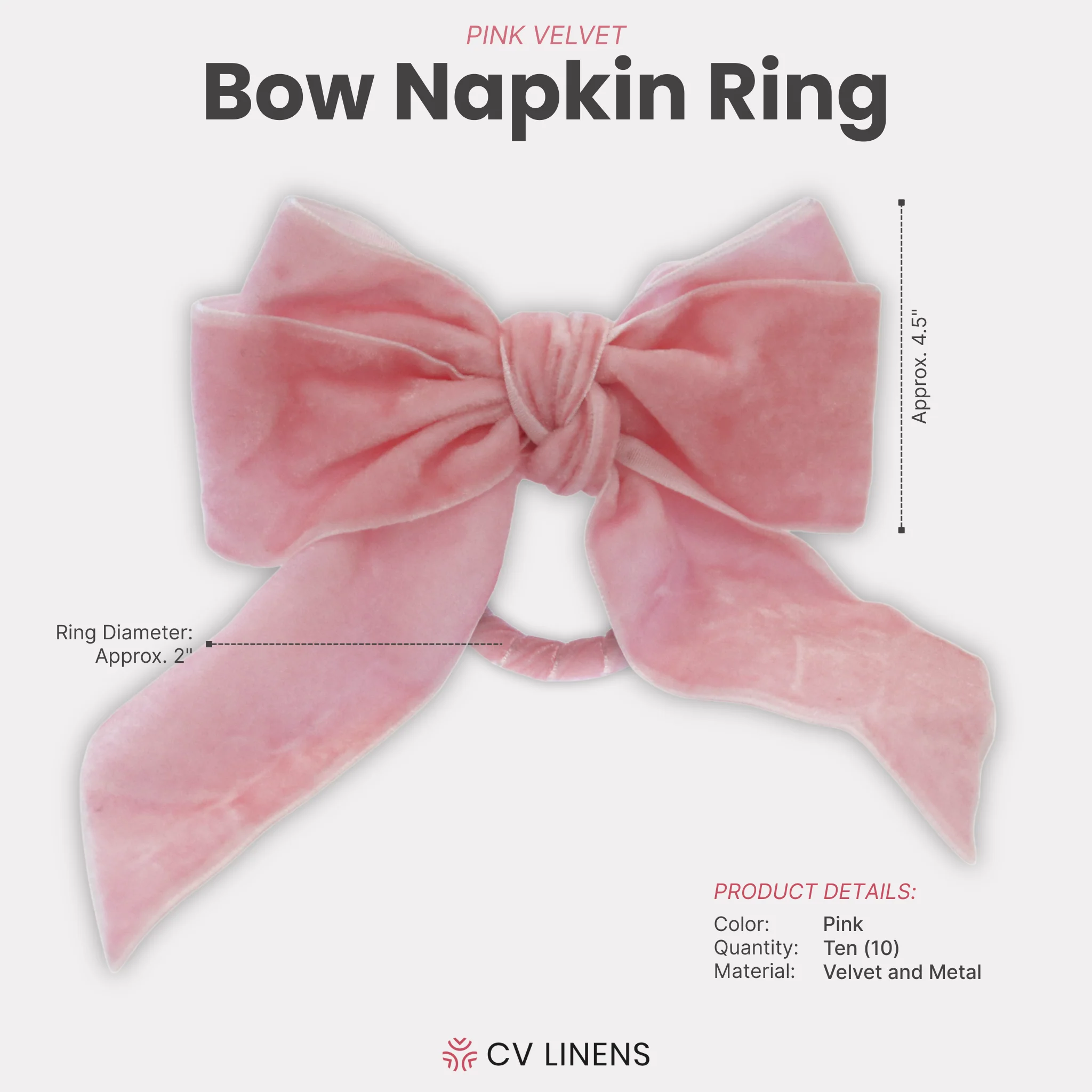 10 pc/pk Velvet Bow-Tie Napkin Ring - Pink - Image 2