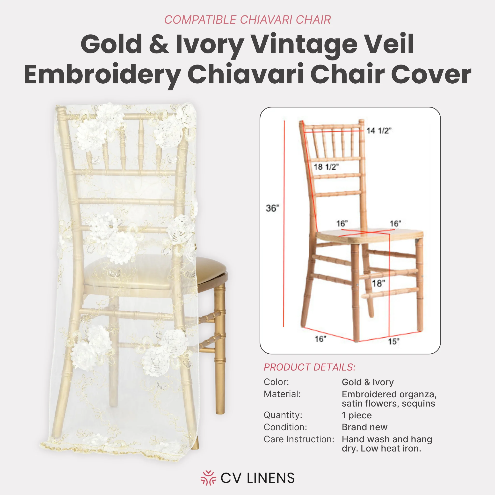 Vintage Veil Chiavari Chair Full Back Cover - Gold & Ivory - Image 4