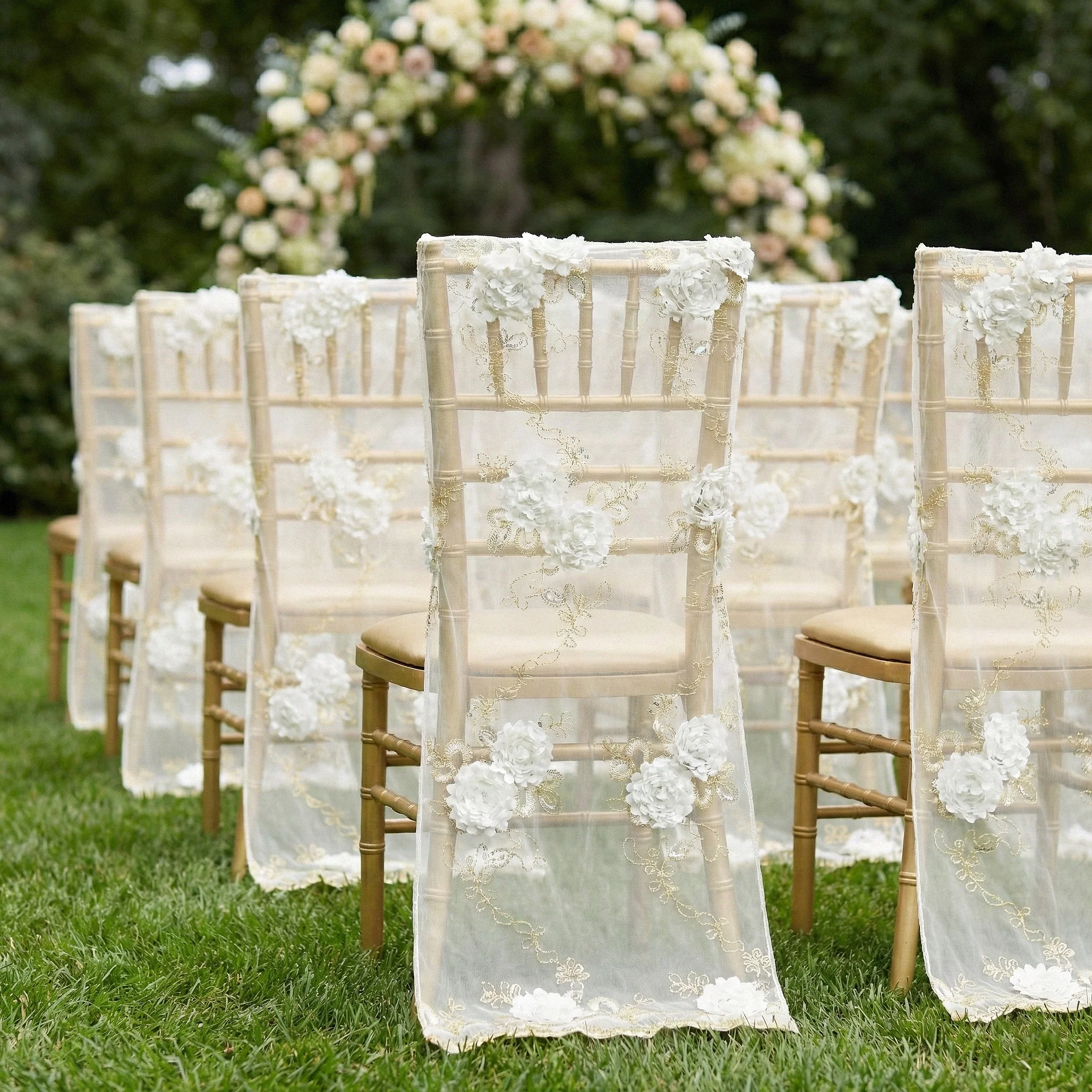 Vintage Veil Chiavari Chair Full Back Cover - Gold & Ivory - Image 5