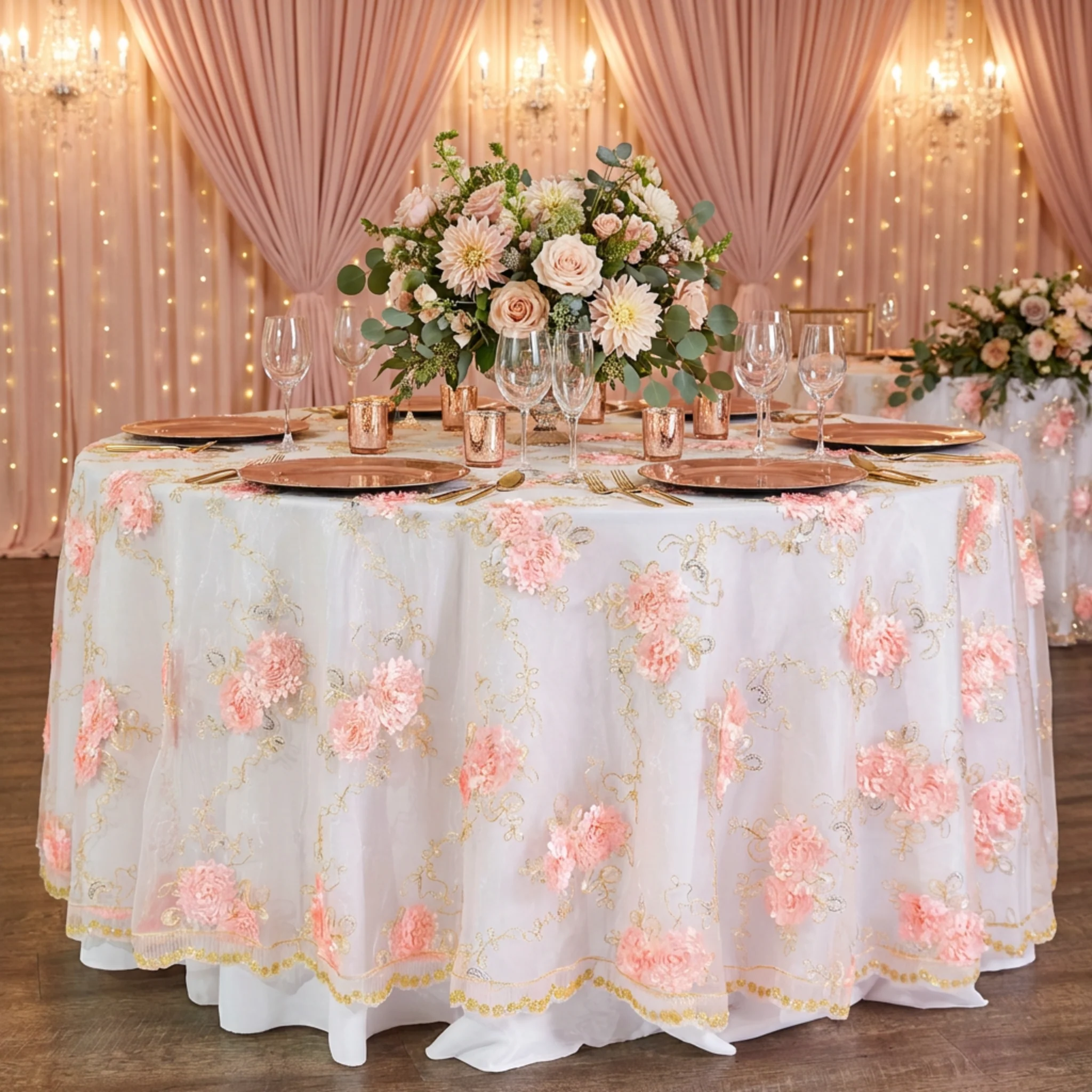 Vintage Veil Embroidery 108" Round Tablecloth/Overlay Topper - Blush/Rose Gold - Image 2
