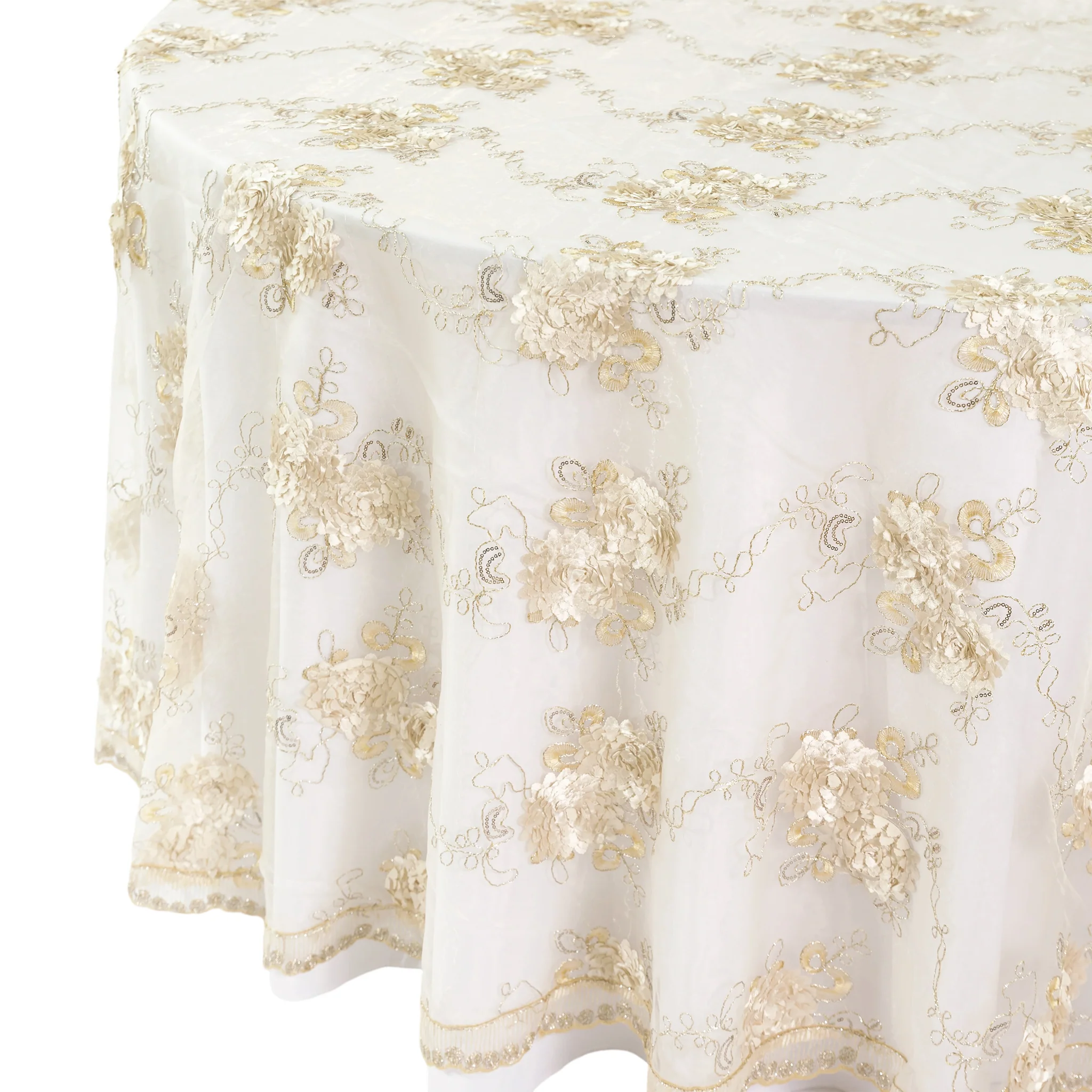 Vintage Veil Embroidery 108" Round Tablecloth/Overlay Topper - Champagne - Image 3