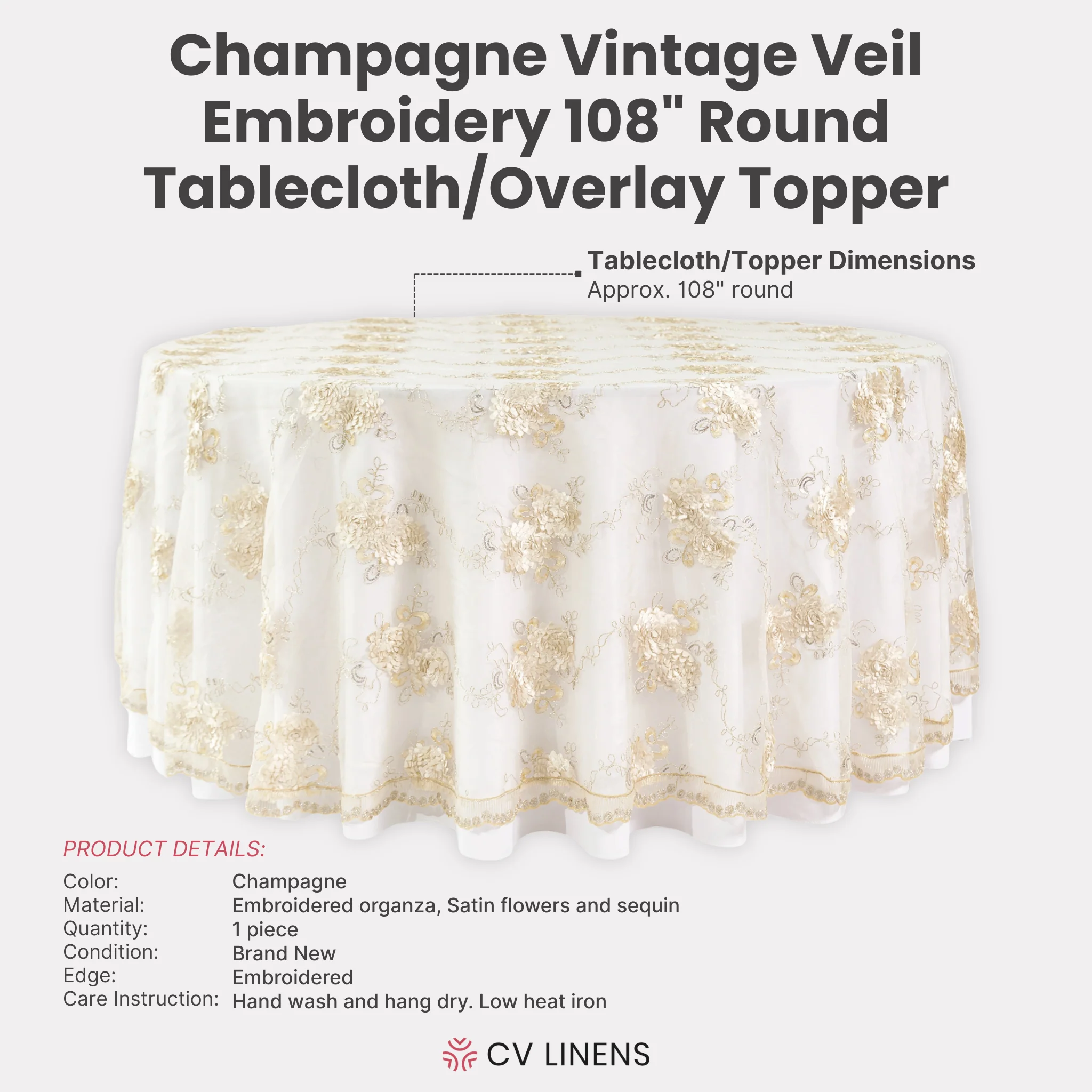 Vintage Veil Embroidery 108" Round Tablecloth/Overlay Topper - Champagne - Image 4
