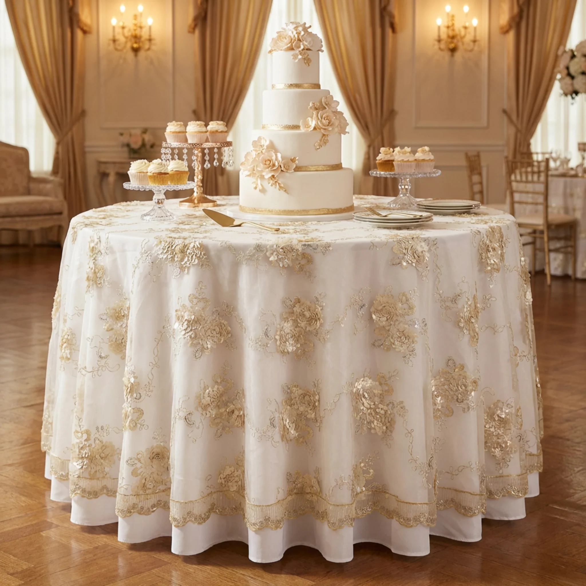 Vintage Veil Embroidery 108" Round Tablecloth/Overlay Topper - Champagne - Image 5