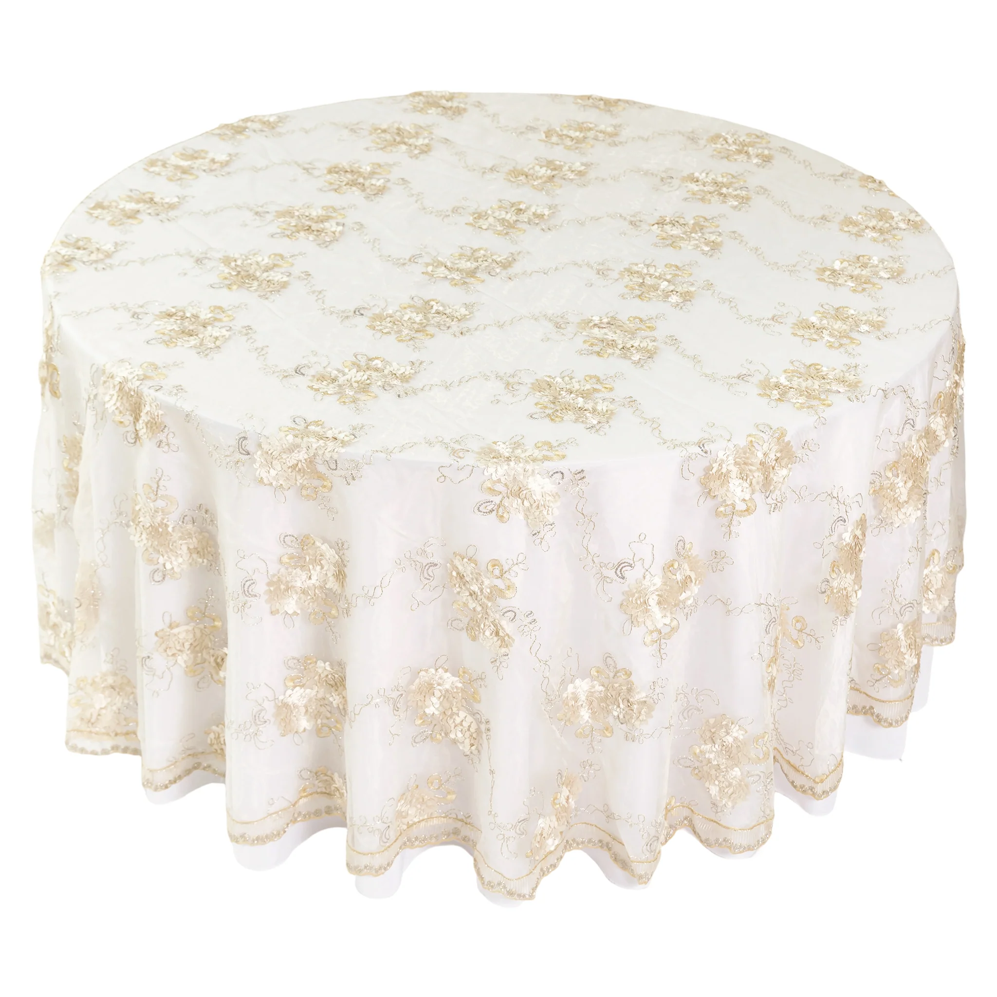 Vintage Veil Embroidery 108" Round Tablecloth/Overlay Topper - Champagne - Image 9