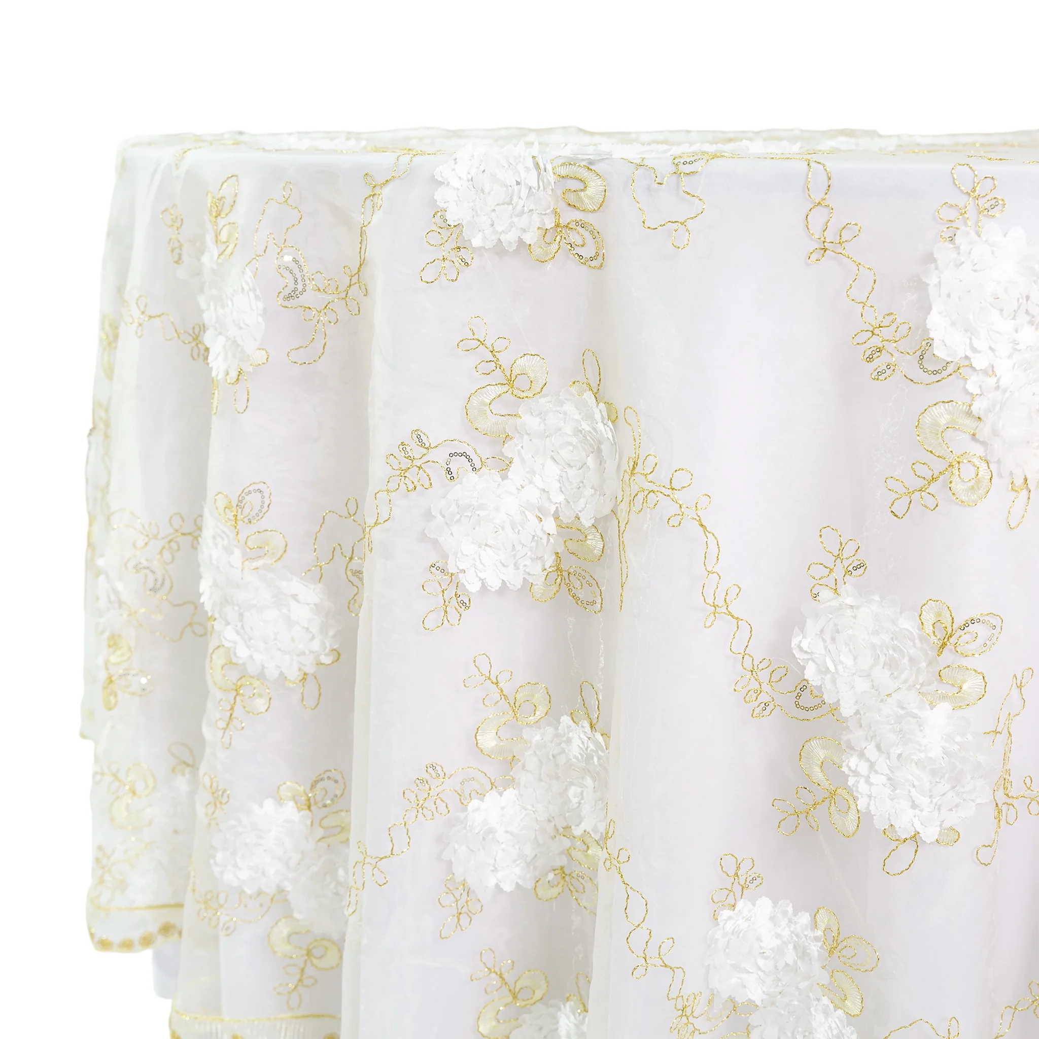 Vintage Veil Embroidery 108" Round Tablecloth/Overlay Topper - Gold/Ivory - Image 10