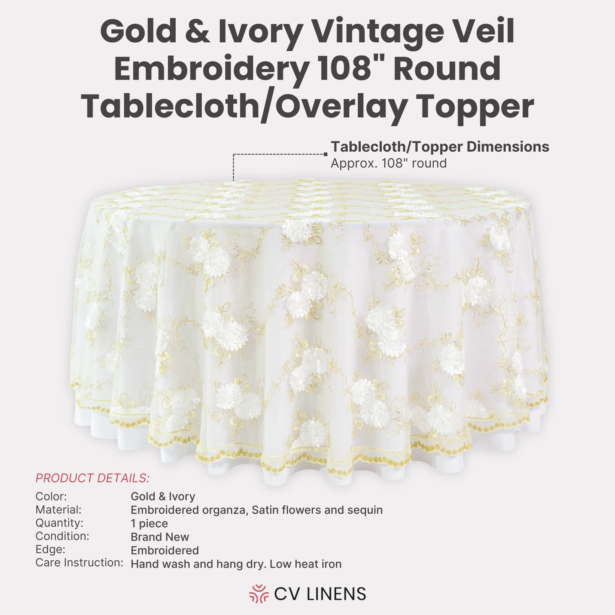 Vintage Veil Embroidery 108" Round Tablecloth/Overlay Topper - Gold/Ivory - Image 4