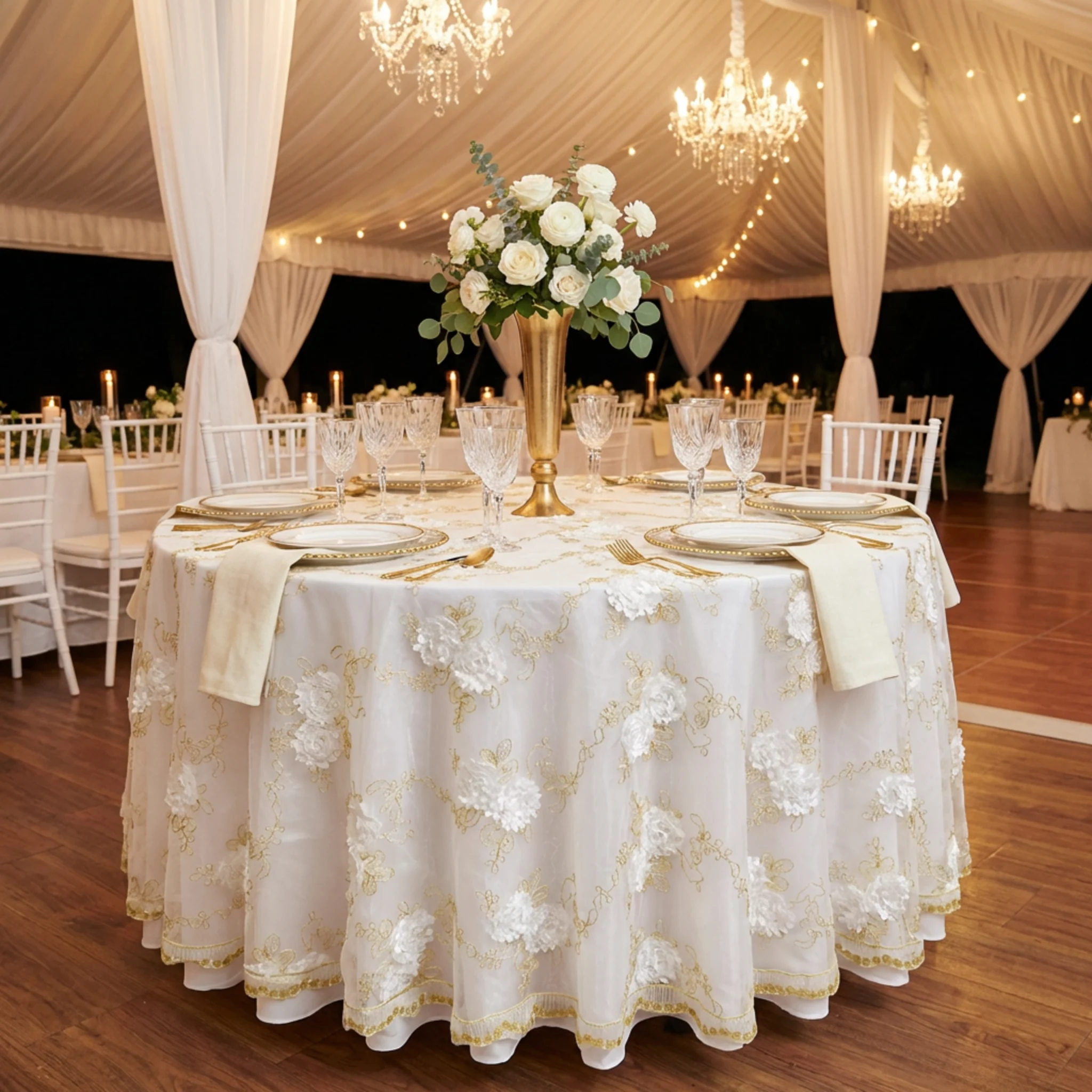Vintage Veil Embroidery 108" Round Tablecloth/Overlay Topper - Gold/Ivory - Image 7