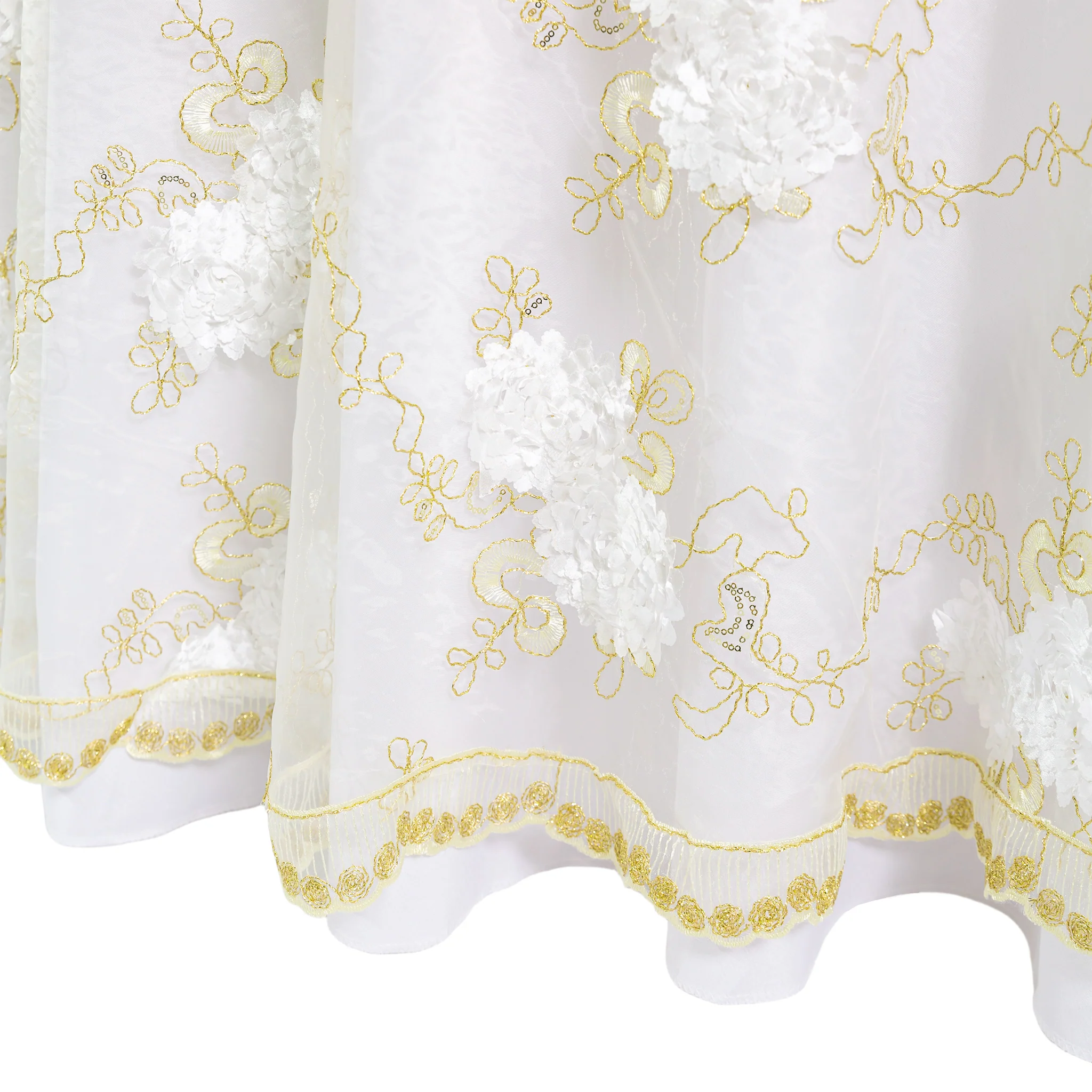 Vintage Veil Embroidery 108" Round Tablecloth/Overlay Topper - Gold/Ivory - Image 9