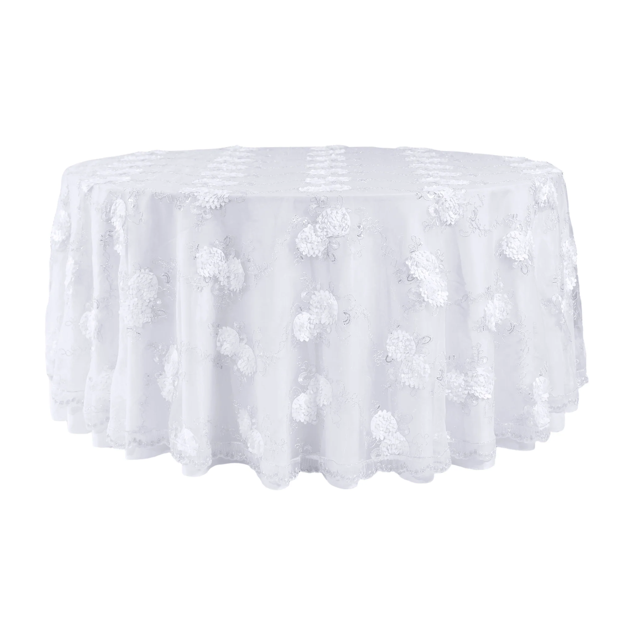Vintage Veil Embroidery 108" Round Tablecloth/Overlay Topper - White