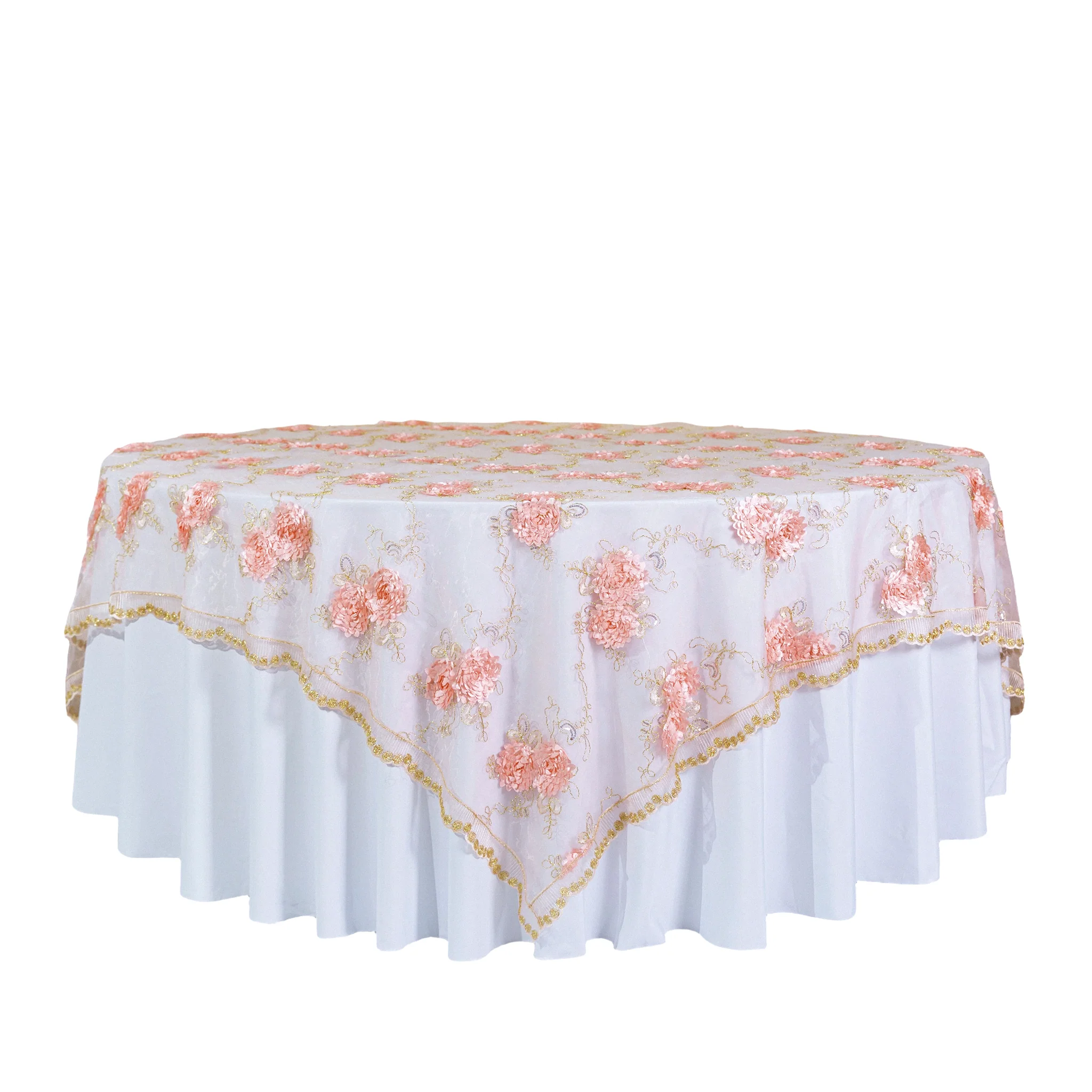 Vintage Veil Embroidery 90"x90" Square Table Overlay Topper - Blush/Rose Gold