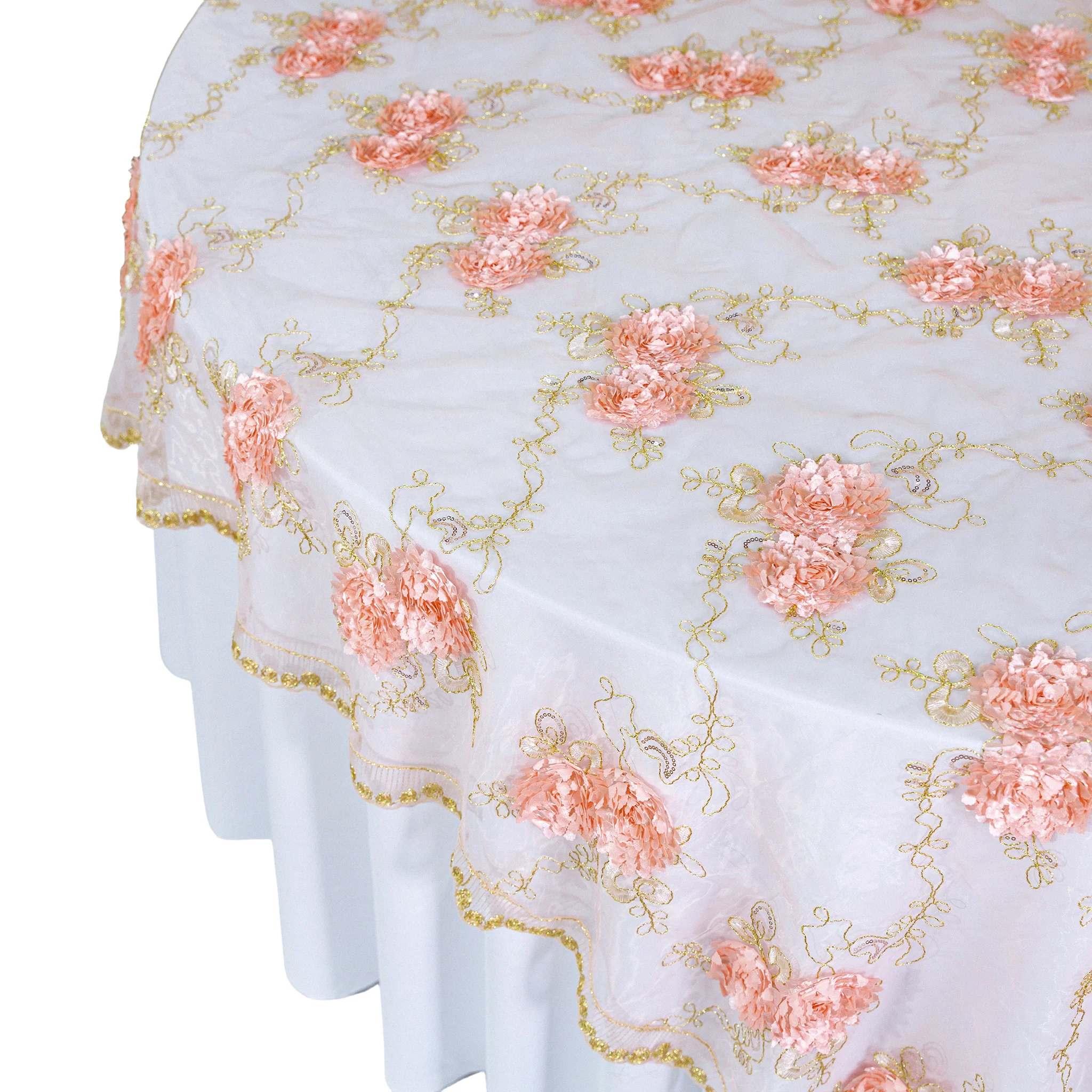 Vintage Veil Embroidery 90"x90" Square Table Overlay Topper - Blush/Rose Gold - Image 4