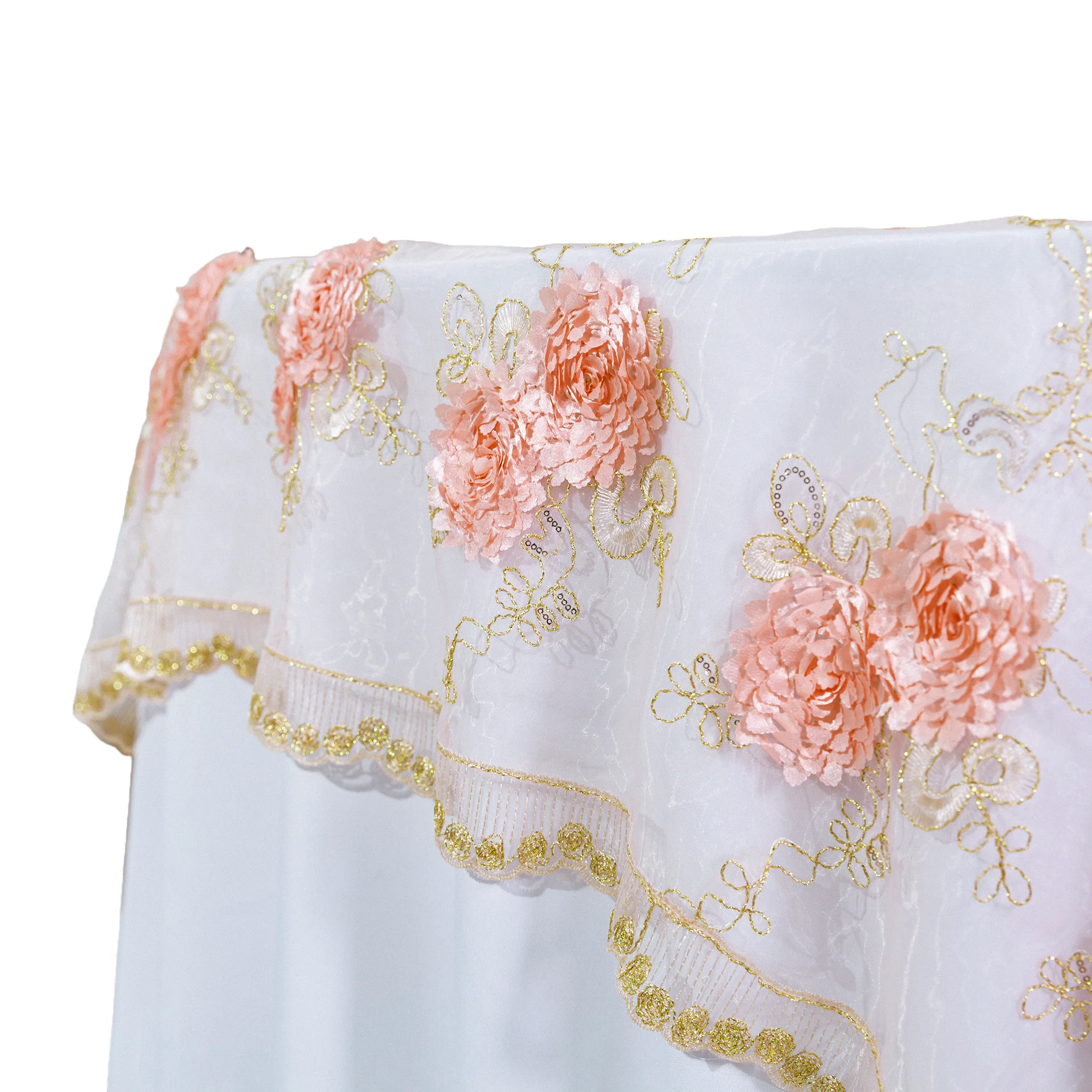 Vintage Veil Embroidery 90"x90" Square Table Overlay Topper - Blush/Rose Gold - Image 5