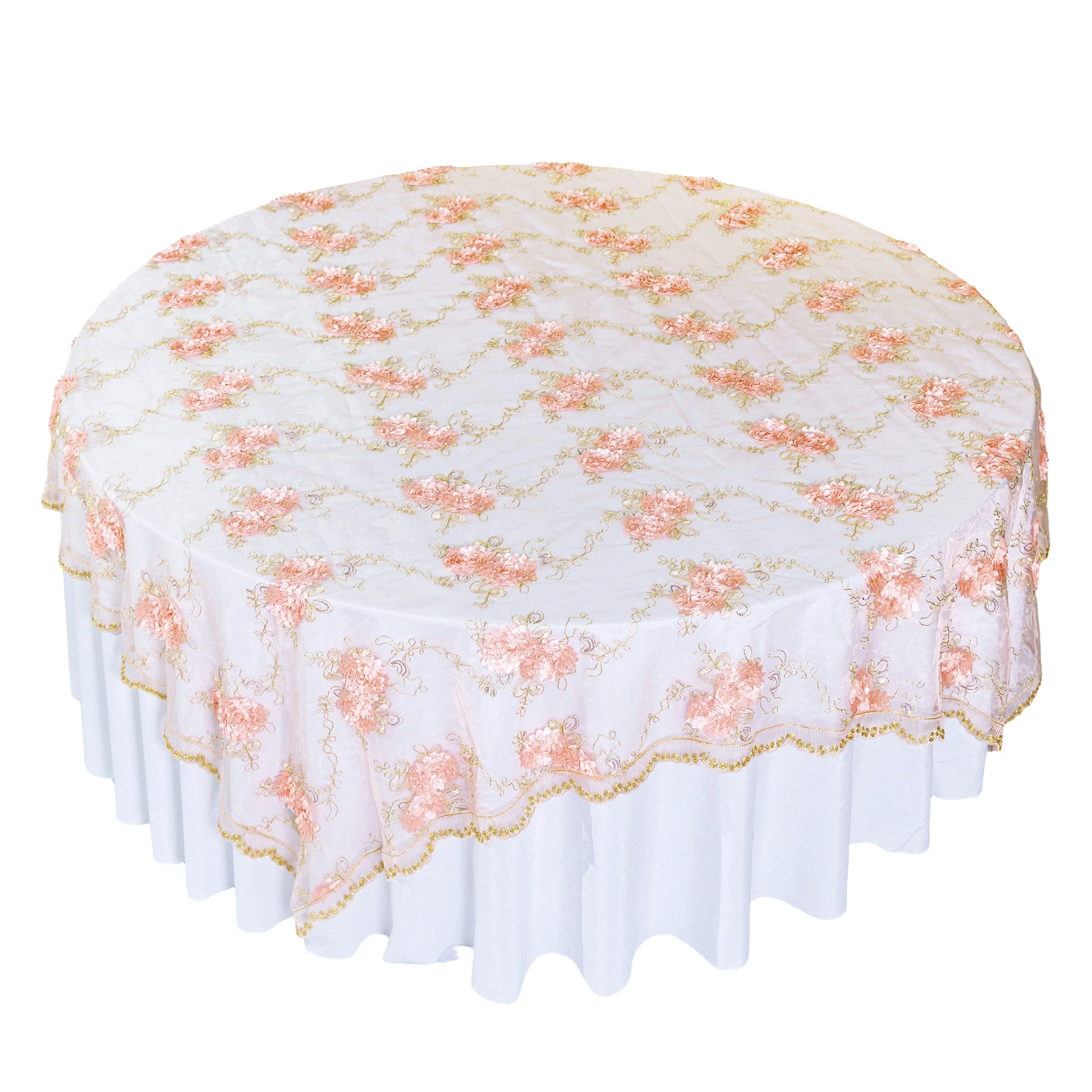 Vintage Veil Embroidery 90"x90" Square Table Overlay Topper - Blush/Rose Gold - Image 7