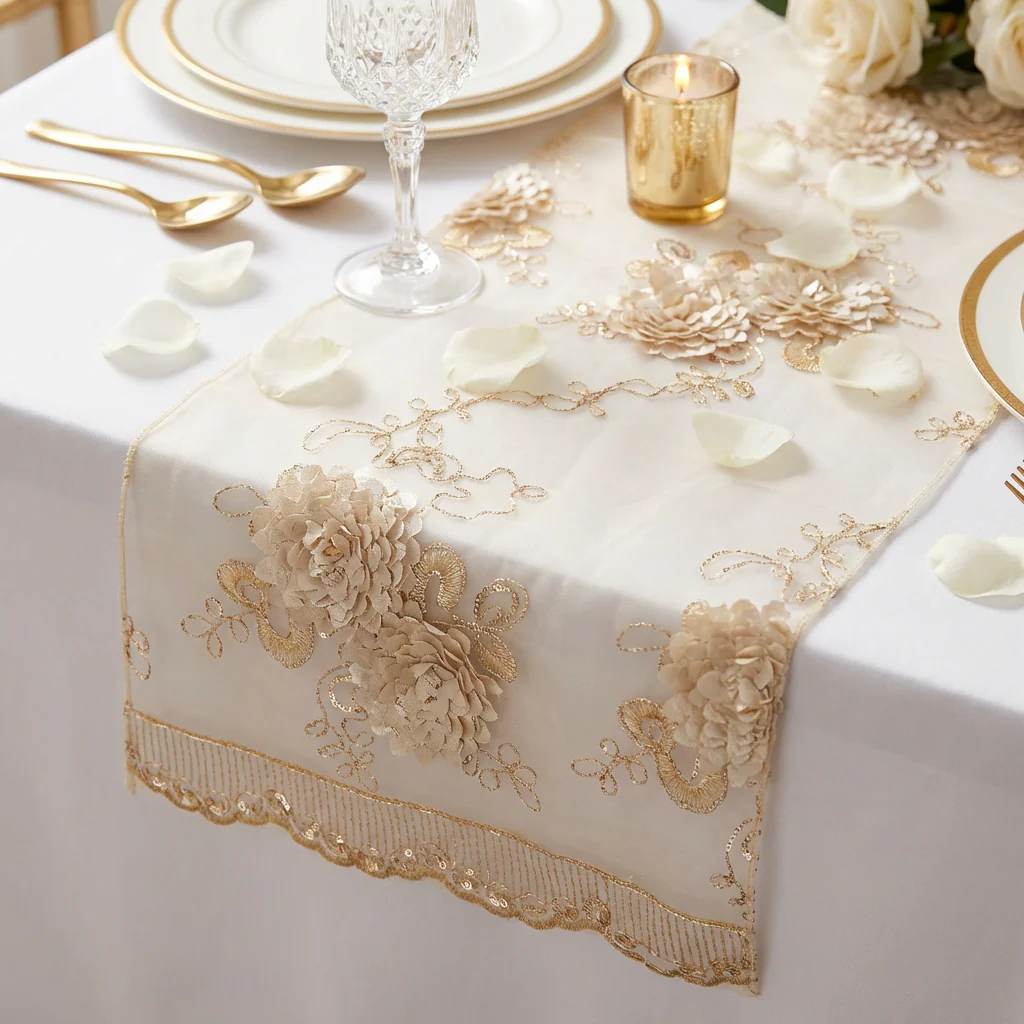 Vintage Veil Embroidery Table Runner - Champagne - Image 10
